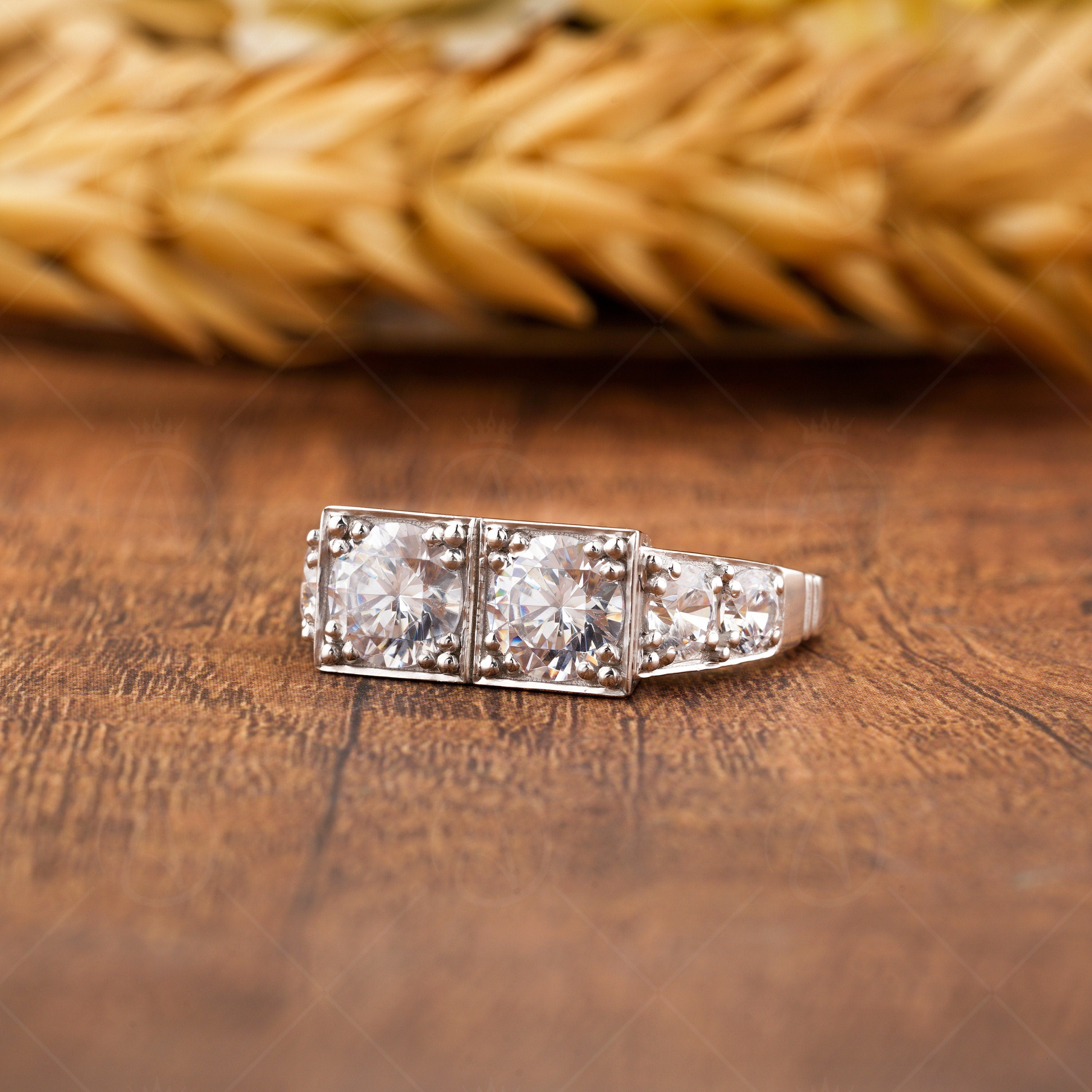 Two Stone Vintage Engagement Ring, 1920s Edwardian Style Moissanite Ring, Double Round Stone Ring, Unique Gold Promise Rings For Women,