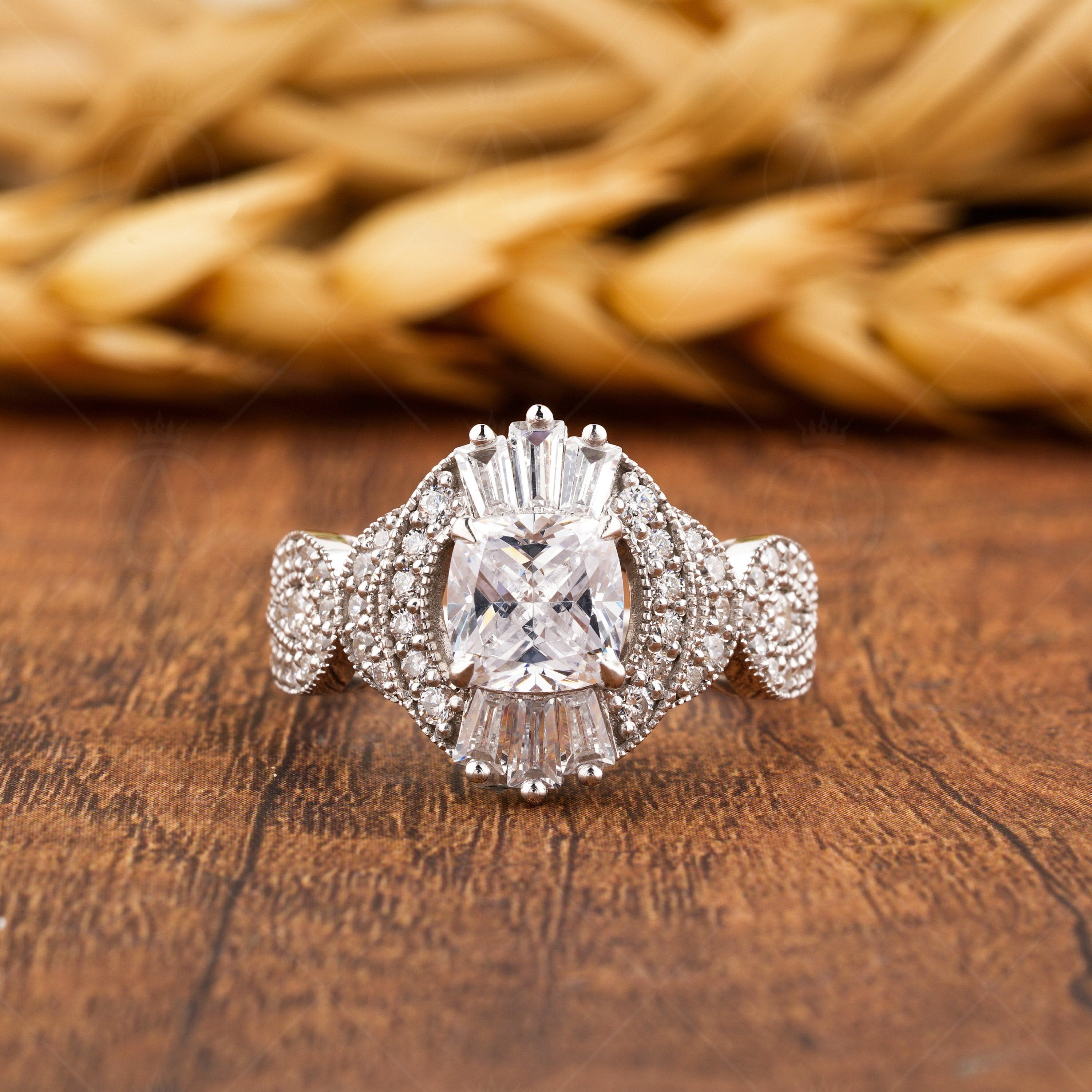Cushion Cut Moissanite Art Deco Engagement Ring, Unique Milgrain Rings For Women, Silver &amp; Gold Vintage Inspired Ring, Promise Ring For Her