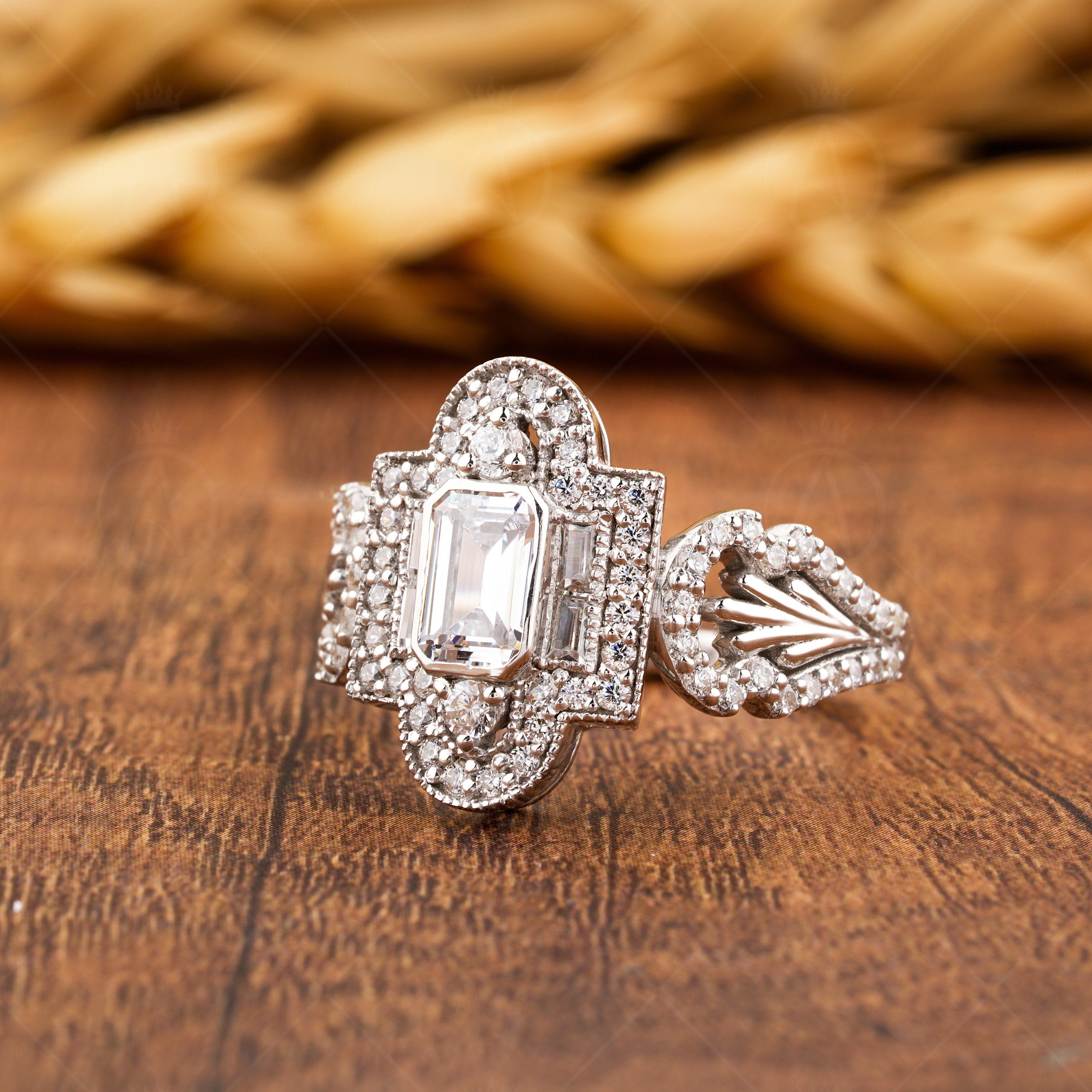 Art Deco Moissanite Rings For Women, Edwardian Style Inspired Engagement Ring, Unique Emerald Cut Vintage Milgrain Ring, Promise Ring For Her