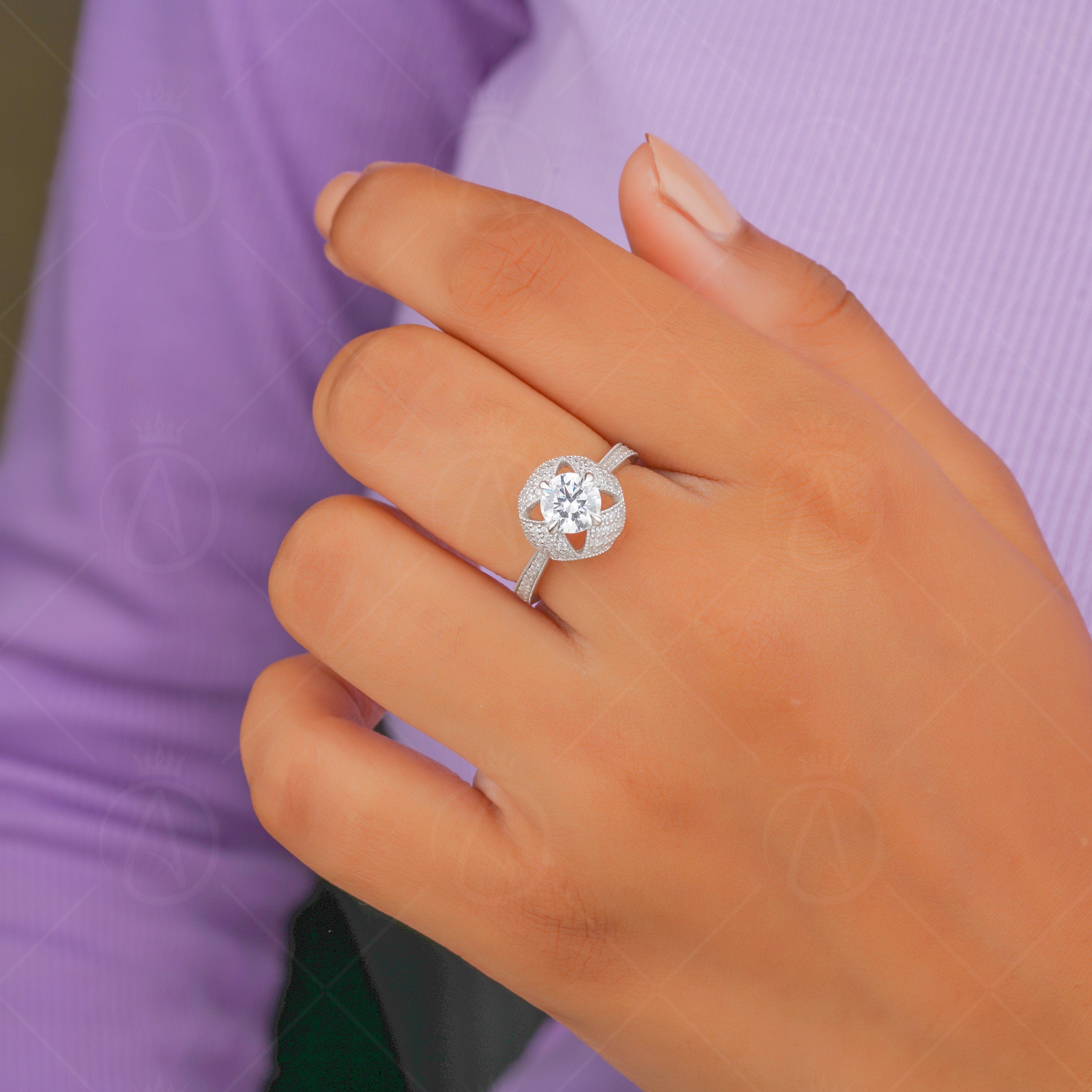 Art Deco Milgrain Rings For Women, Round Moissanite Unique Engagement Ring, Silver &amp; Gold Promise Ring For Her, Vintage Moissanite Ring