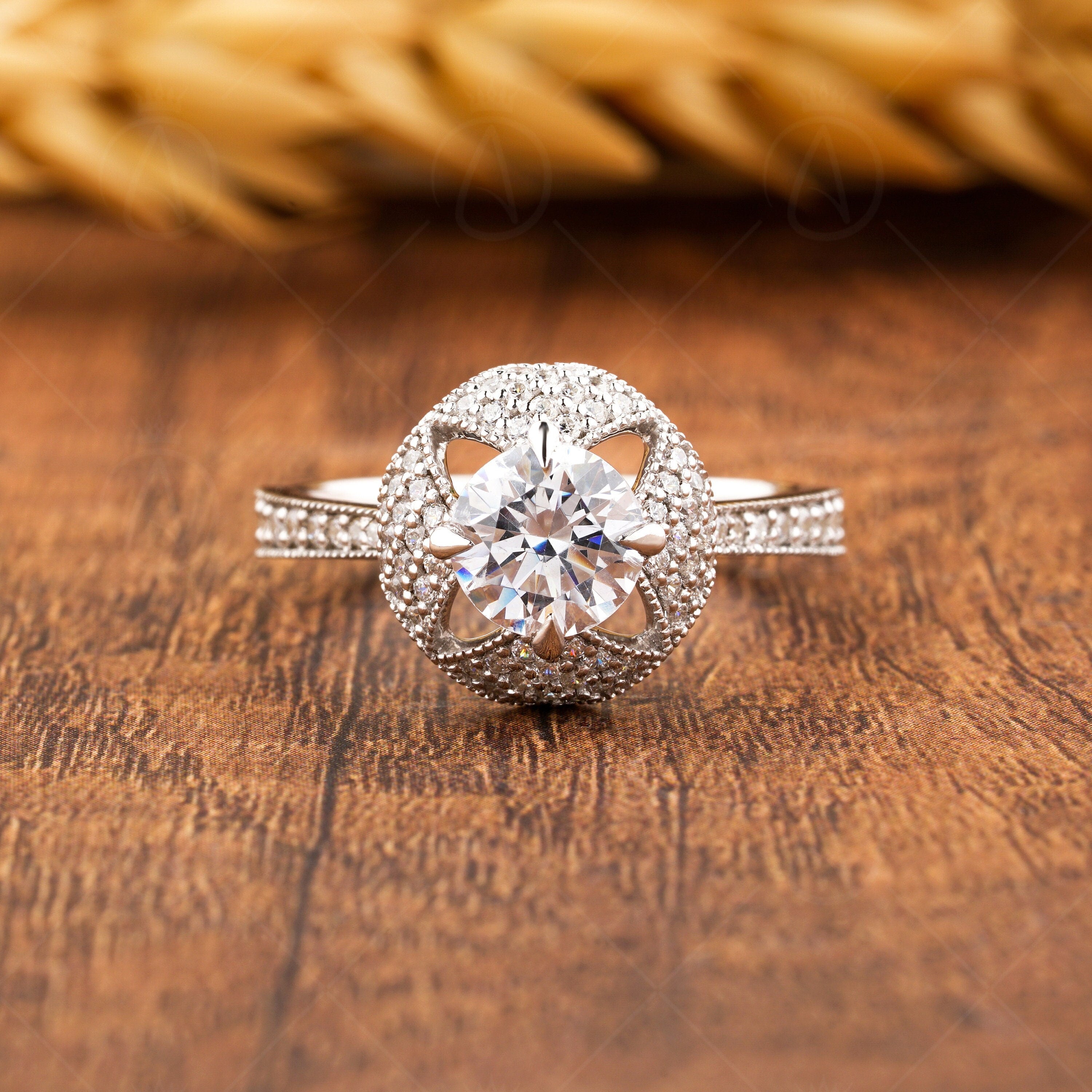 Art Deco Milgrain Rings For Women, Round Moissanite Unique Engagement Ring, Silver &amp; Gold Promise Ring For Her, Vintage Moissanite Ring