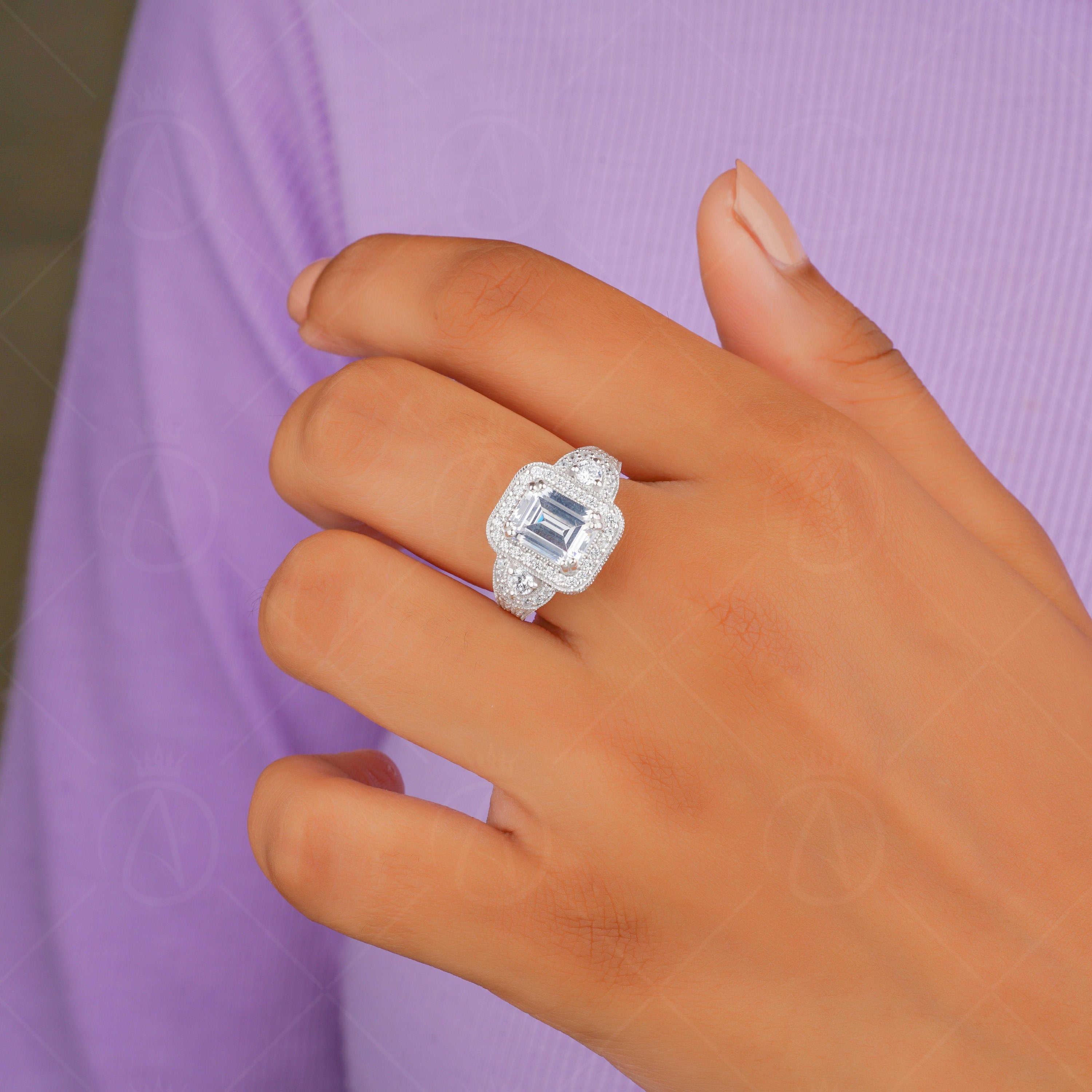 Moissanite Emerald Cut Halo Engagement Ring, Art Deco Milgrain Ring, Unique Promise Rings For Women, Silver &amp; Gold Vintage Inspired Ring