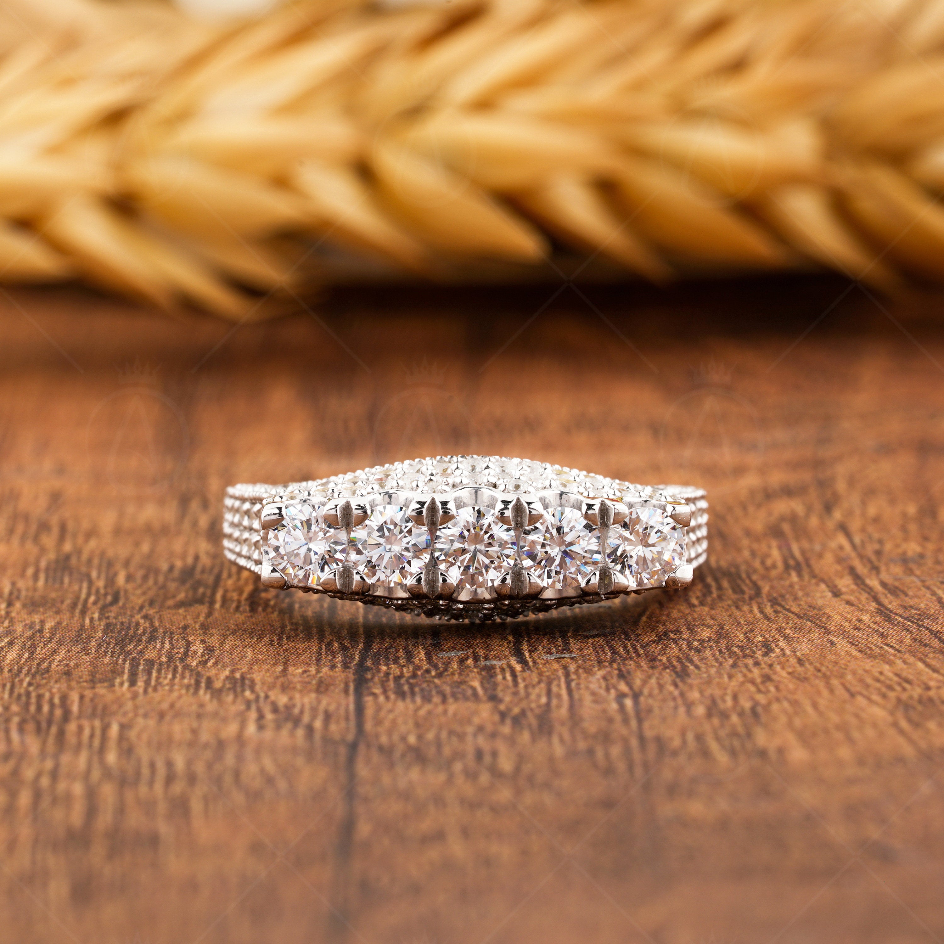 Edwardian Style 5 Stone Engagement Ring, Milgrain Art Deco Ring, Moissanite Estate Jewelry Rings For Women, Unique Vintage Ring For Her