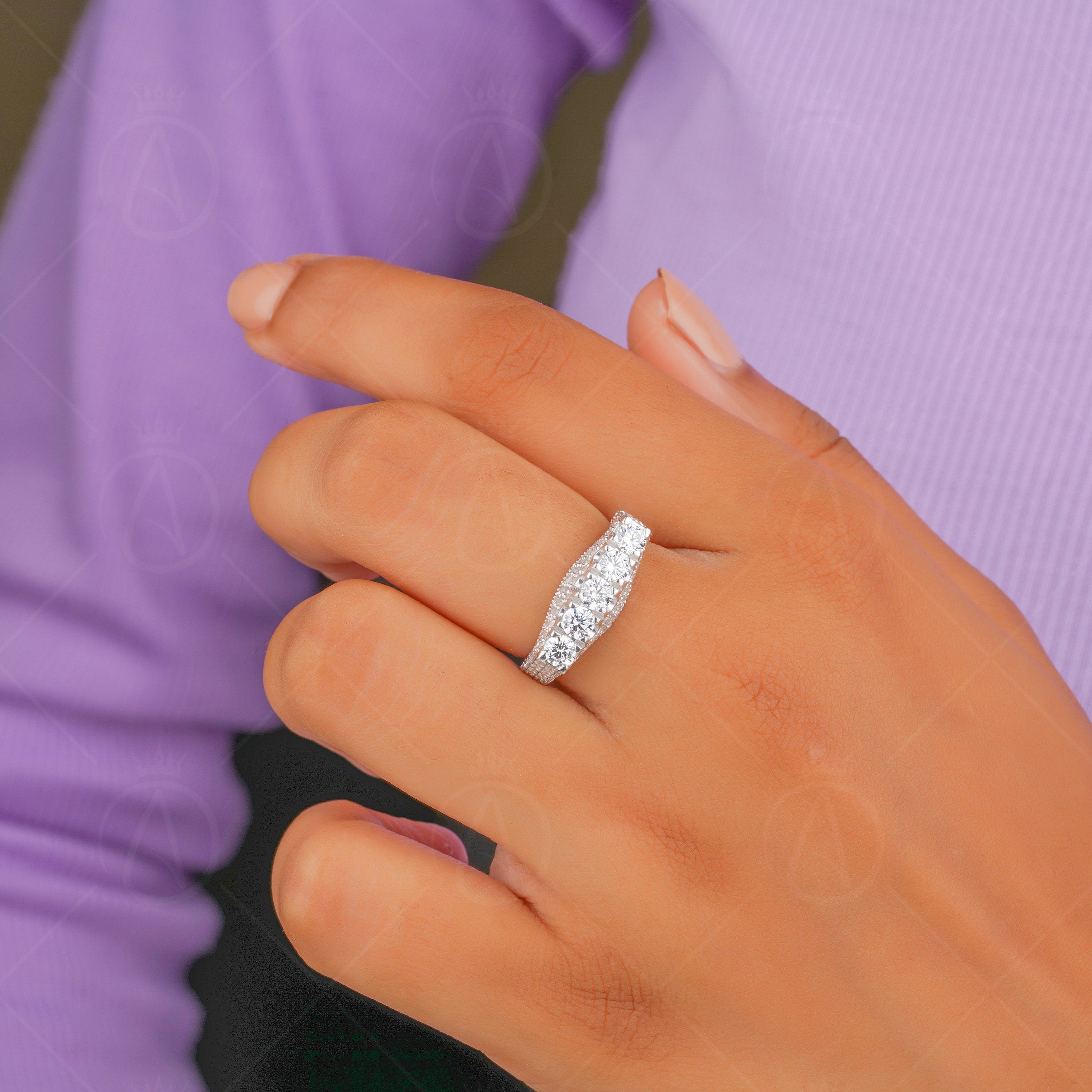 Edwardian Style 5 Stone Engagement Ring, Milgrain Art Deco Ring, Moissanite Estate Jewelry Rings For Women, Unique Vintage Ring For Her