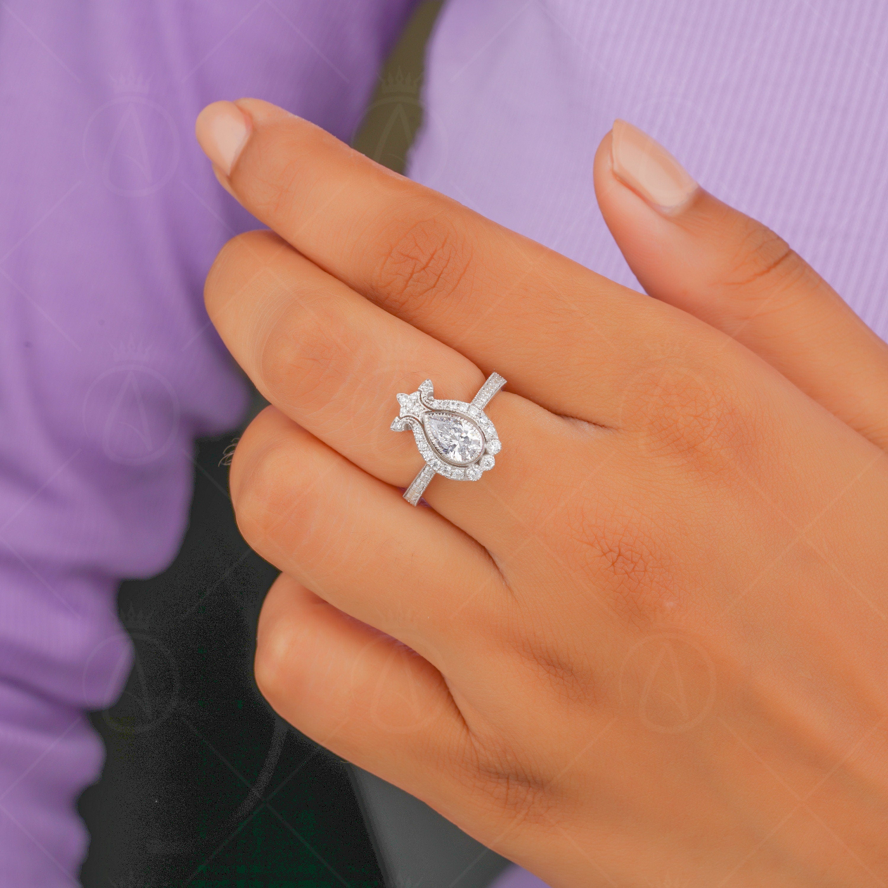 Moissanite Pear Shaped Halo Engagement Ring, Vintage Teardrop Ring, Unique Art Deco Rings For Women, Silver &amp; Gold Antique Milgrain Ring