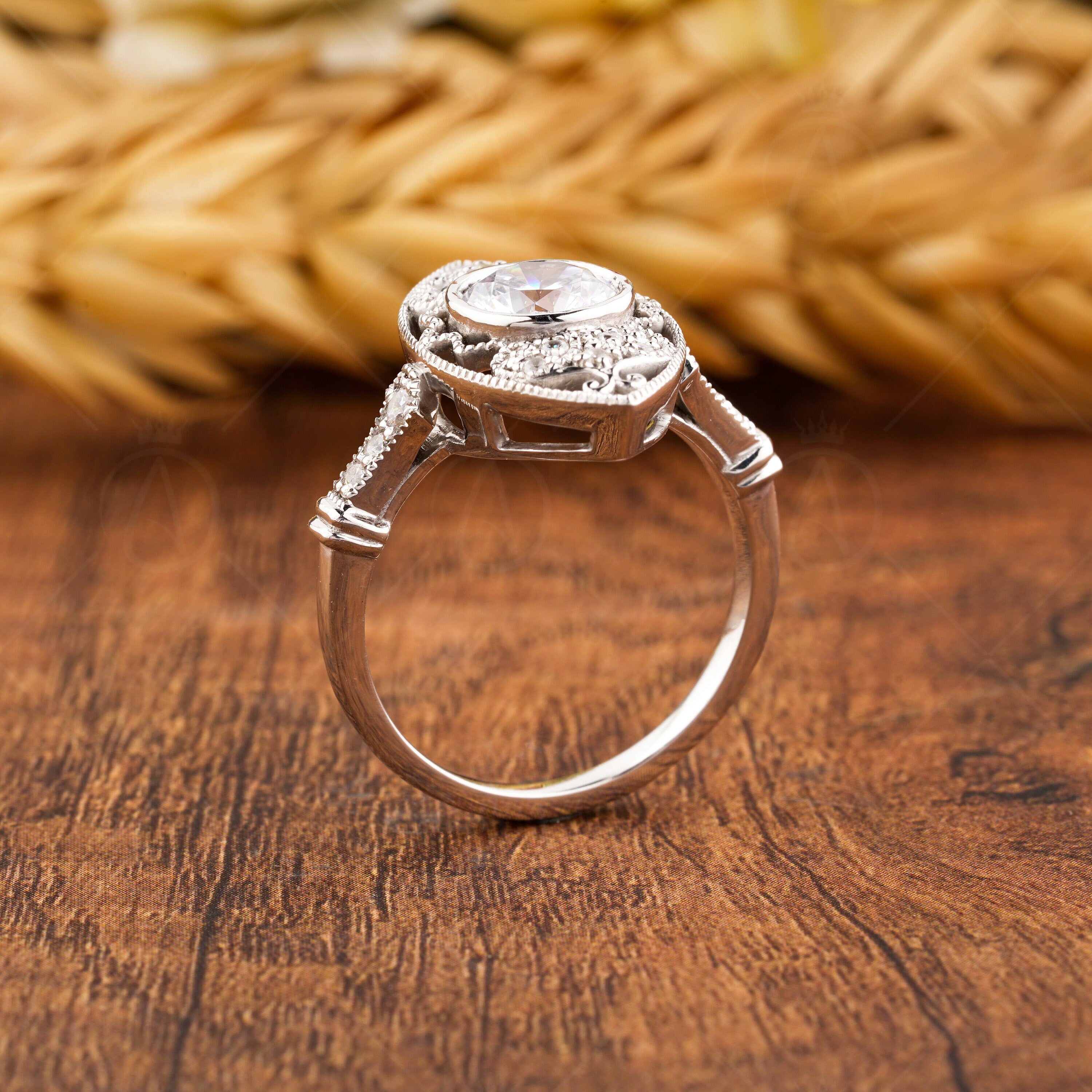 Moissanite Edwardian Rings For Women, Elongated Art Deco Engagement Ring, Unique Milgrain Estate Jewelry Ring, Bezel Set Round Ring