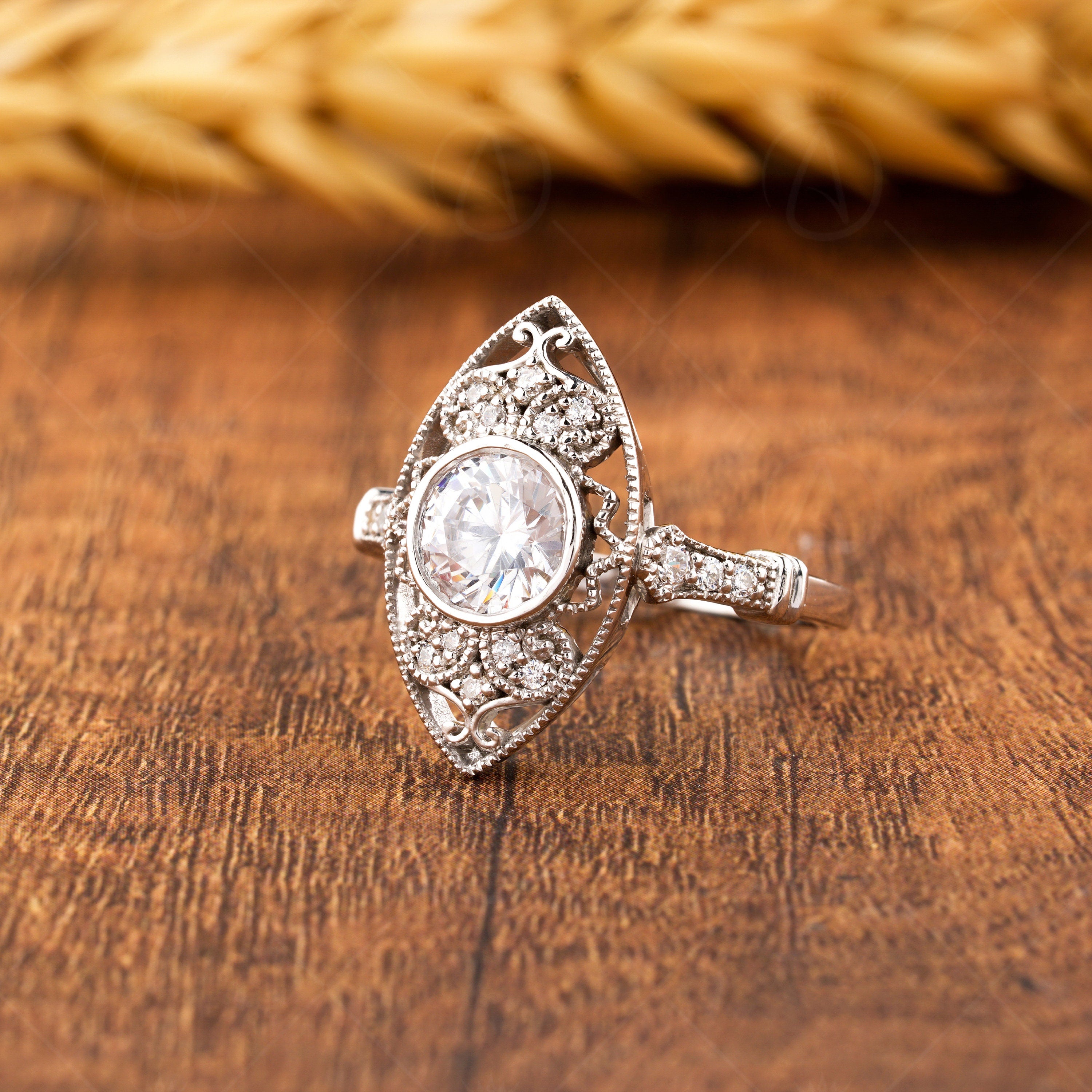 Moissanite Edwardian Rings For Women, Elongated Art Deco Engagement Ring, Unique Milgrain Estate Jewelry Ring, Bezel Set Round Ring