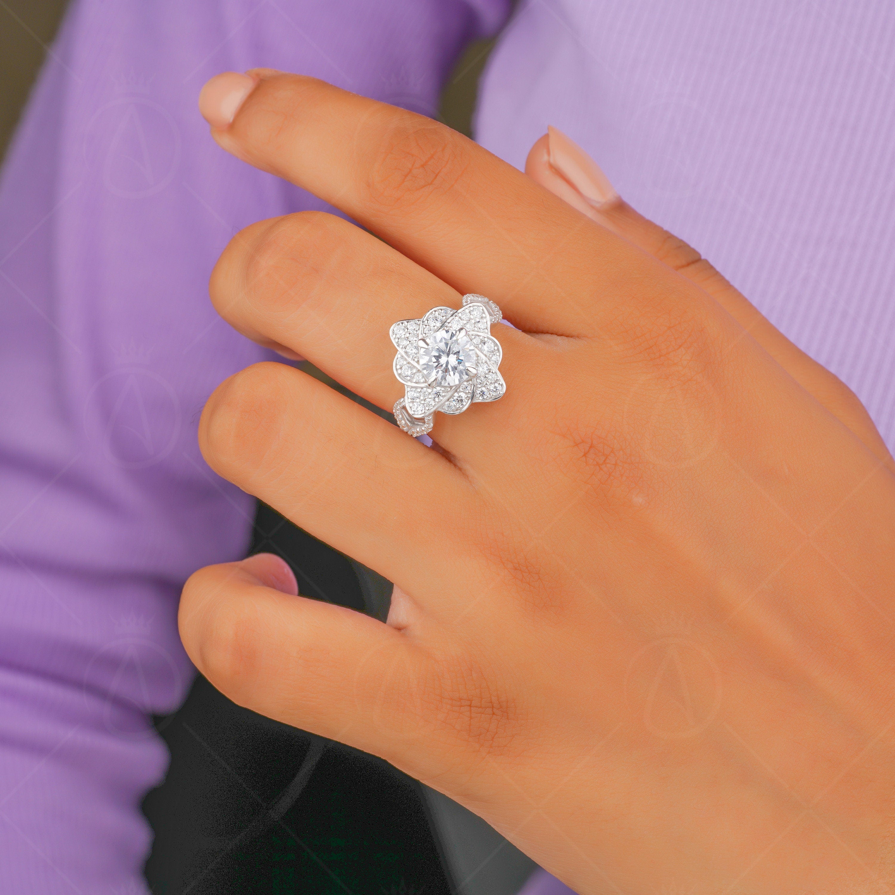 Flower Nature Inspired Ring For Women, 14K Gold Art Deco Floral Ring, Unique Cushion Cut Moissanite Engagement Ring, Promise Ring For Her