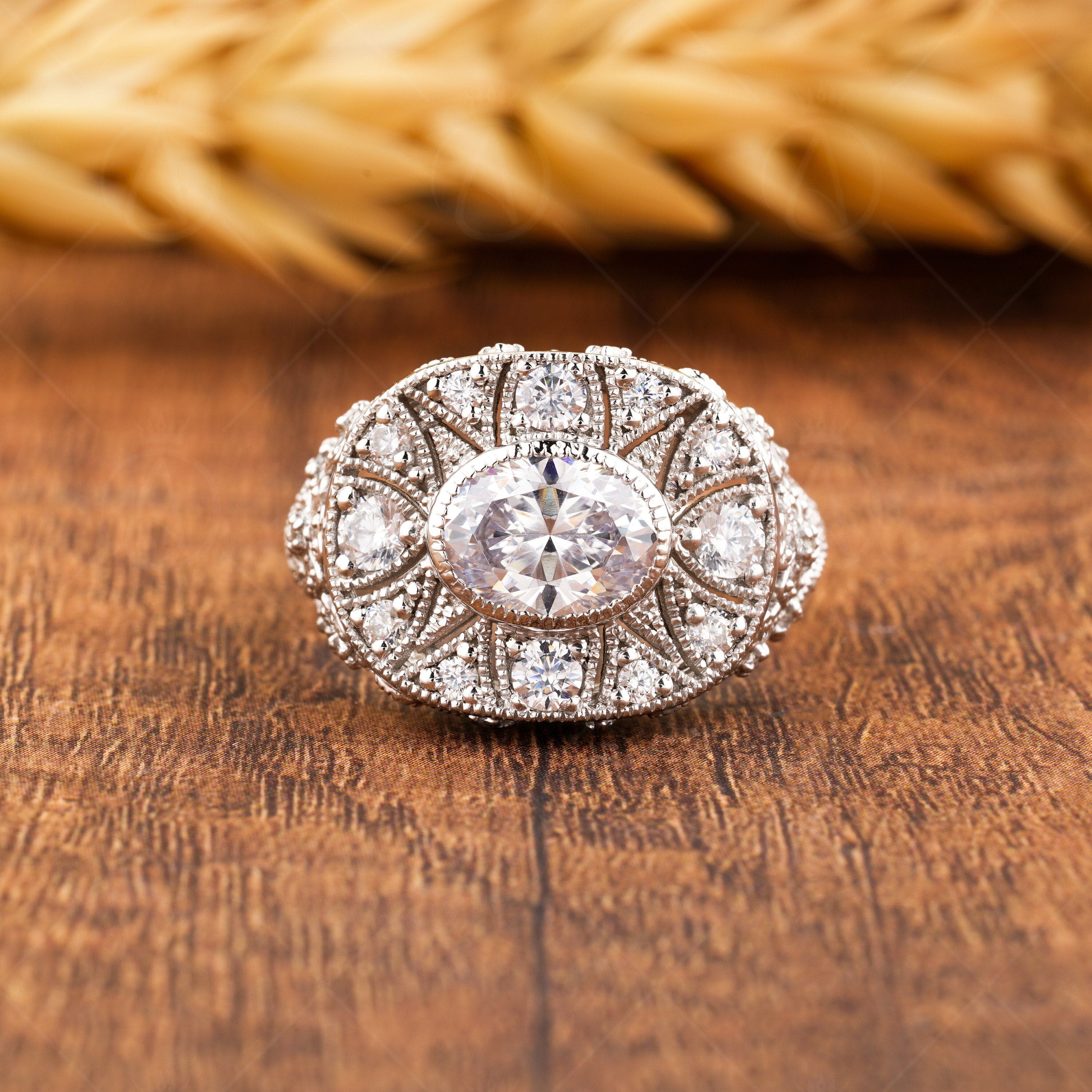 Antique Edwardian Filigree Ring, Moissanite Art Deco Oval Engagement Ring, Leaf Flower Milgrain Ring For Women, Unique Estate Jewelry