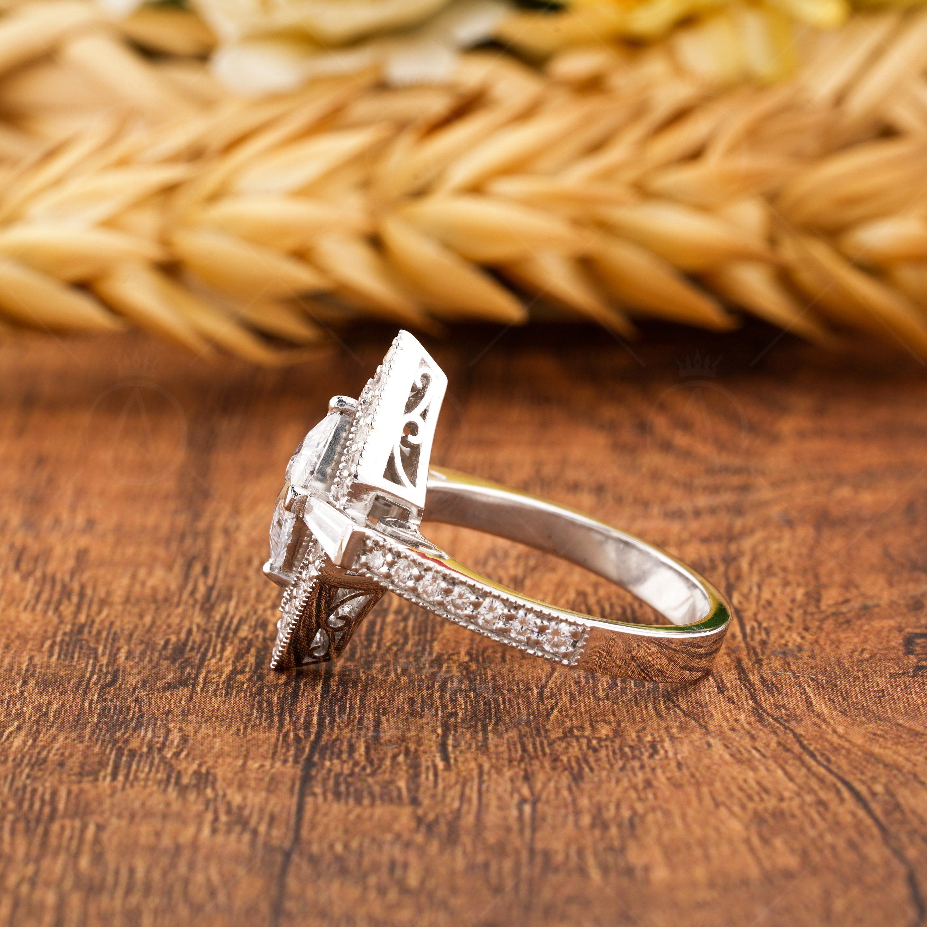 Moissanite Triangle Art Deco Engagement Ring, Unique Hexagon Shape Geometric Ring, Milgrain Ring For Women, Two Triangle Halo Ring