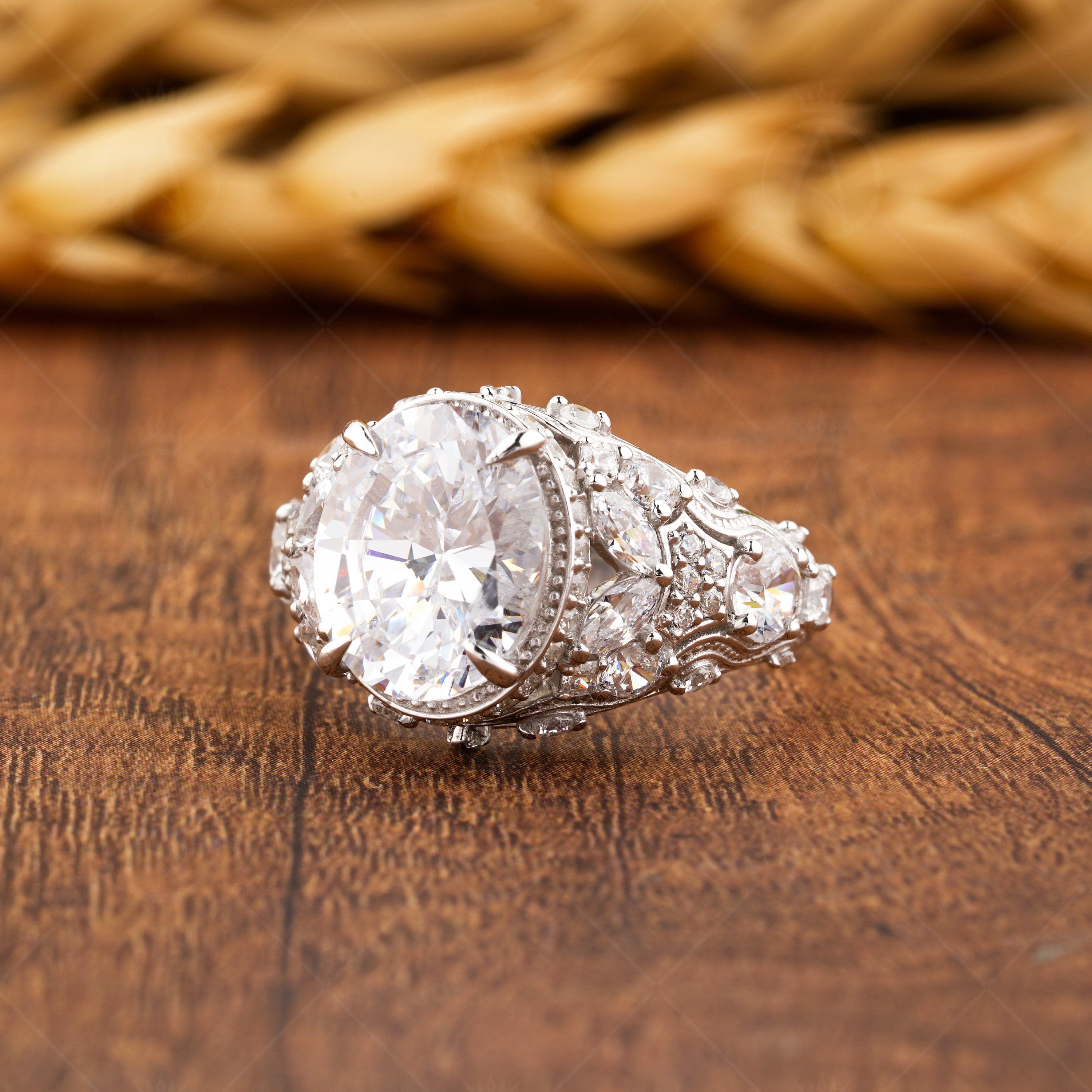 Art Deco Oval Engagement Ring, Moissanite Unique Rings For Women, Vintage Style Wedding Ring, Antique Filigree Ring, Carved Ring