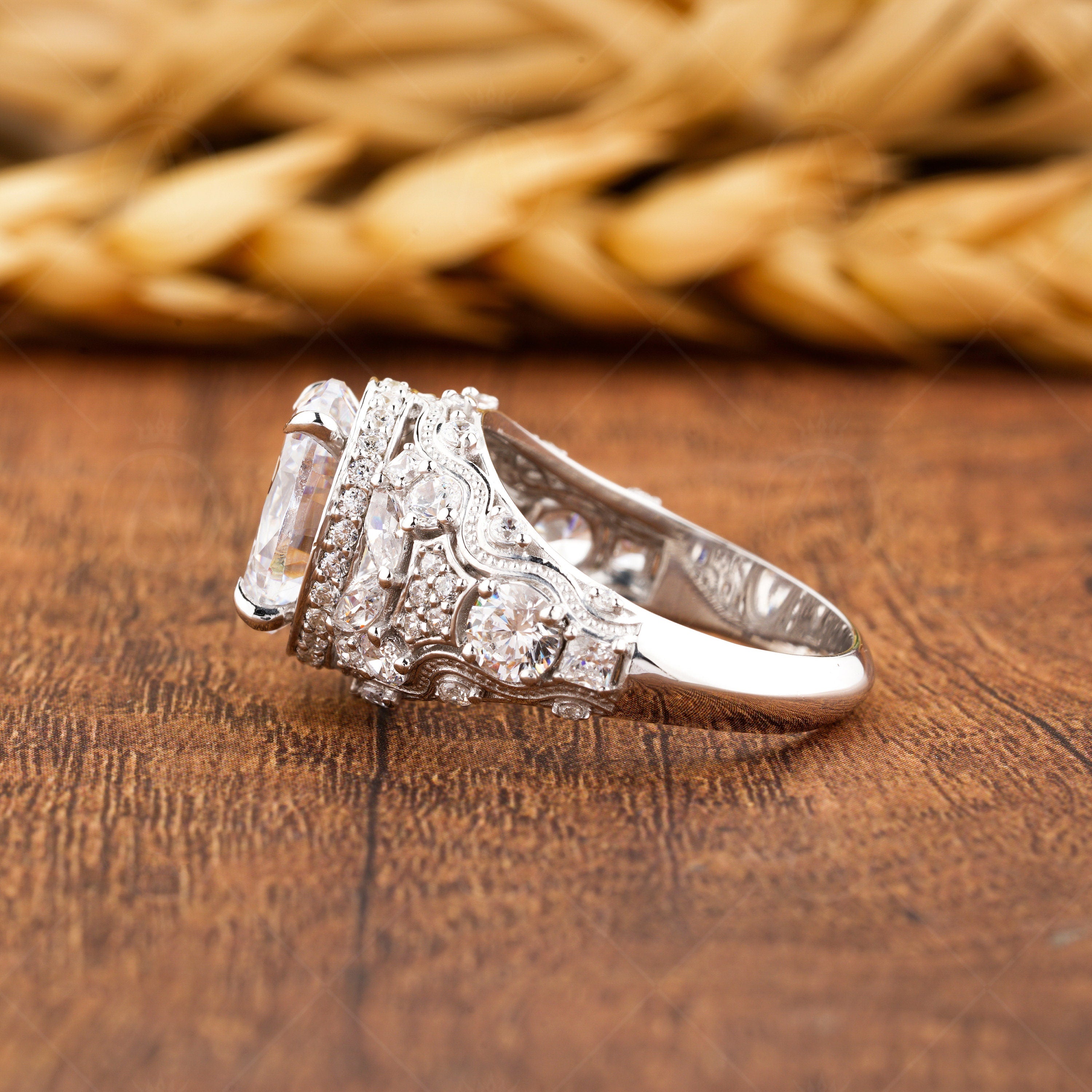 Art Deco Oval Engagement Ring, Moissanite Unique Rings For Women, Vintage Style Wedding Ring, Antique Filigree Ring, Carved Ring