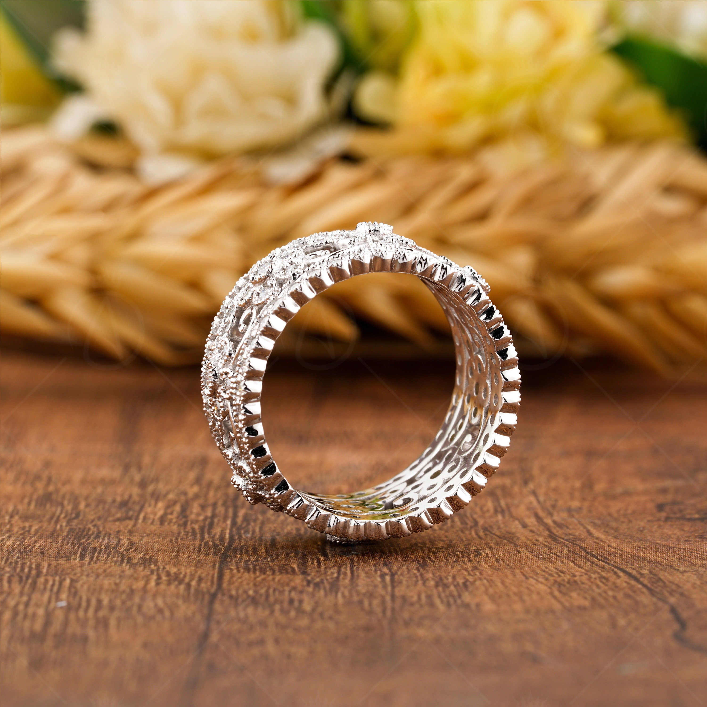 Flower Nature Inspired Wedding Bands For Women, Moissanite Full Eternity Anniversary Band, Art Deco Leaf And Vine Milgrain Wide Band Ring