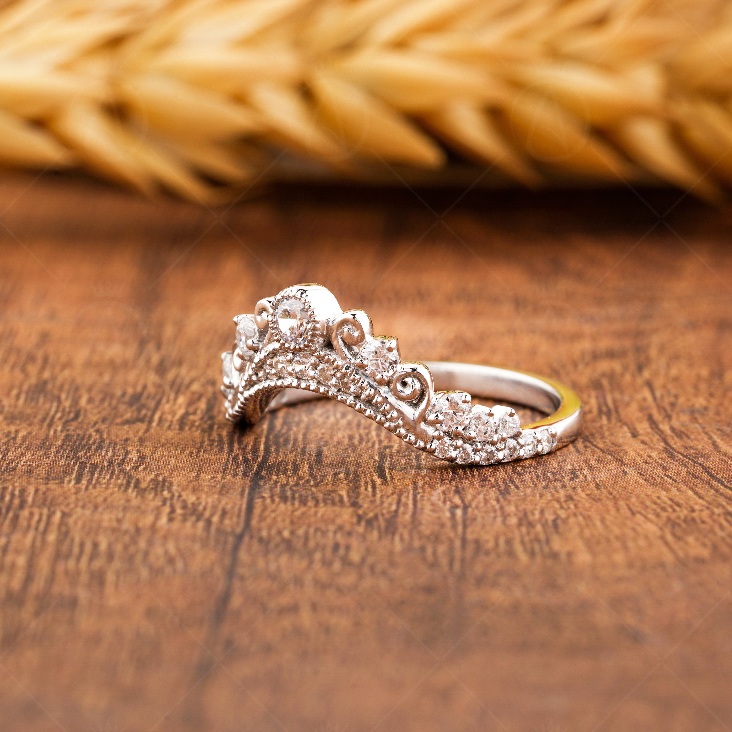 Vintage Curved Wedding Bands Women, Chevron Moissanite Band, Crown Style Stackable Rings, Unique Bridal Matching Band, Art Deco Curve Band