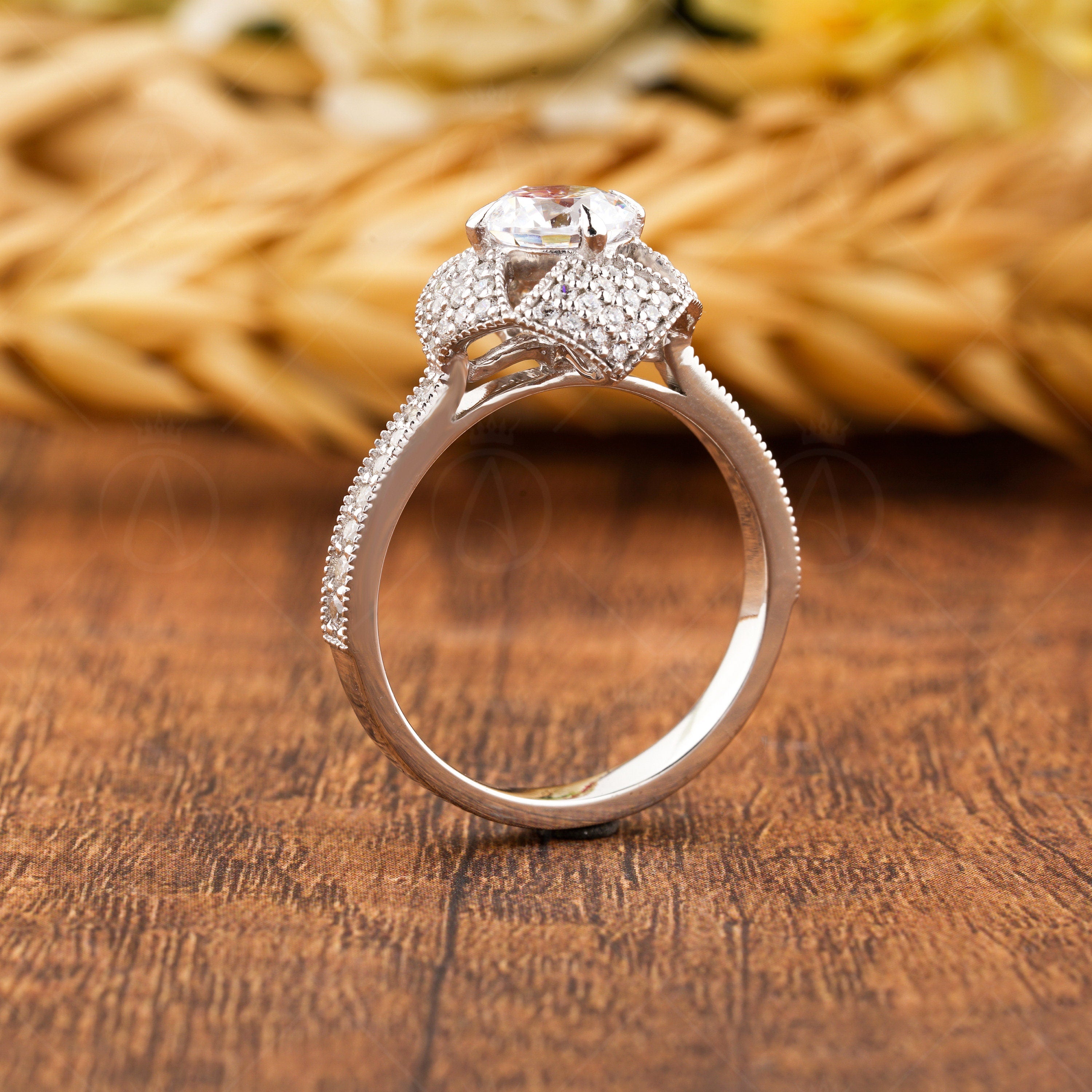 Art Deco Milgrain Rings For Women, Round Moissanite Unique Engagement Ring, Silver &amp; Gold Promise Ring For Her, Vintage Moissanite Ring