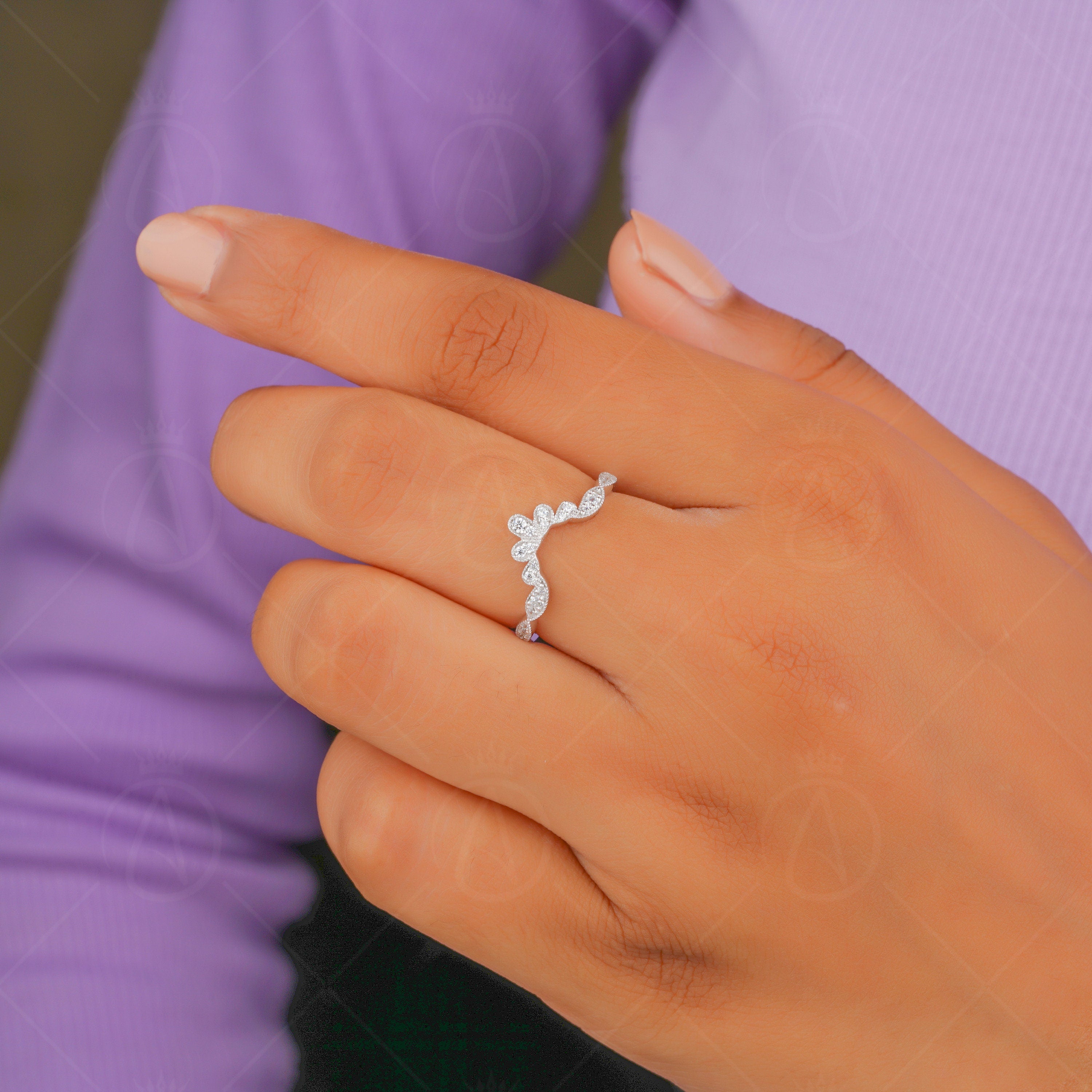 Moissanite Wishbone Wedding Bands Women, Unique Curved Stackable Ring, Art Deco Chevron Anniversary Band, Vintage Style Milgrain Band