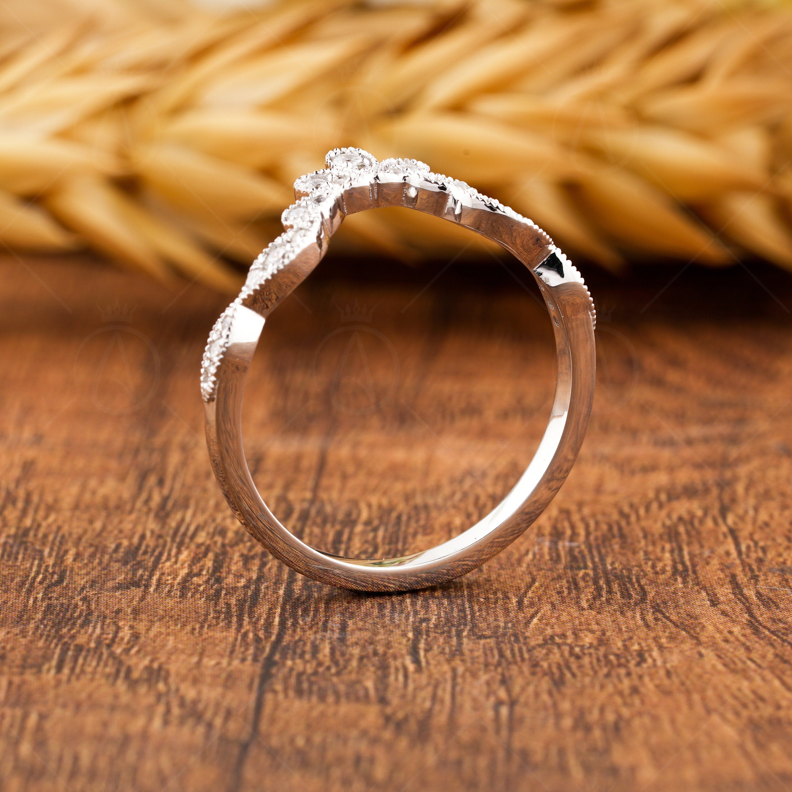 Moissanite Wishbone Wedding Bands Women, Unique Curved Stackable Ring, Art Deco Chevron Anniversary Band, Vintage Style Milgrain Band