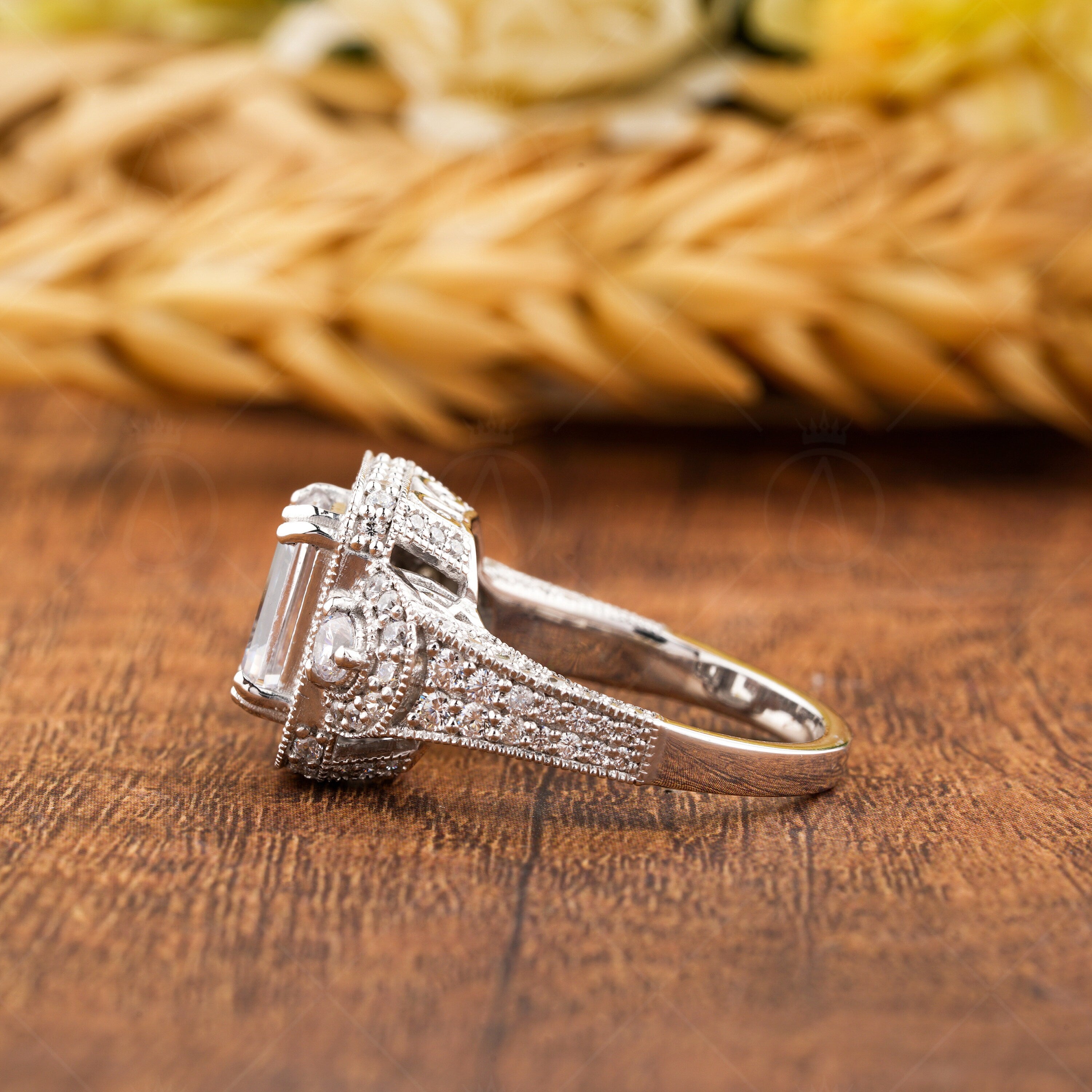 Moissanite Emerald Cut Halo Engagement Ring, Art Deco Milgrain Ring, Unique Promise Rings For Women, Silver &amp; Gold Vintage Inspired Ring