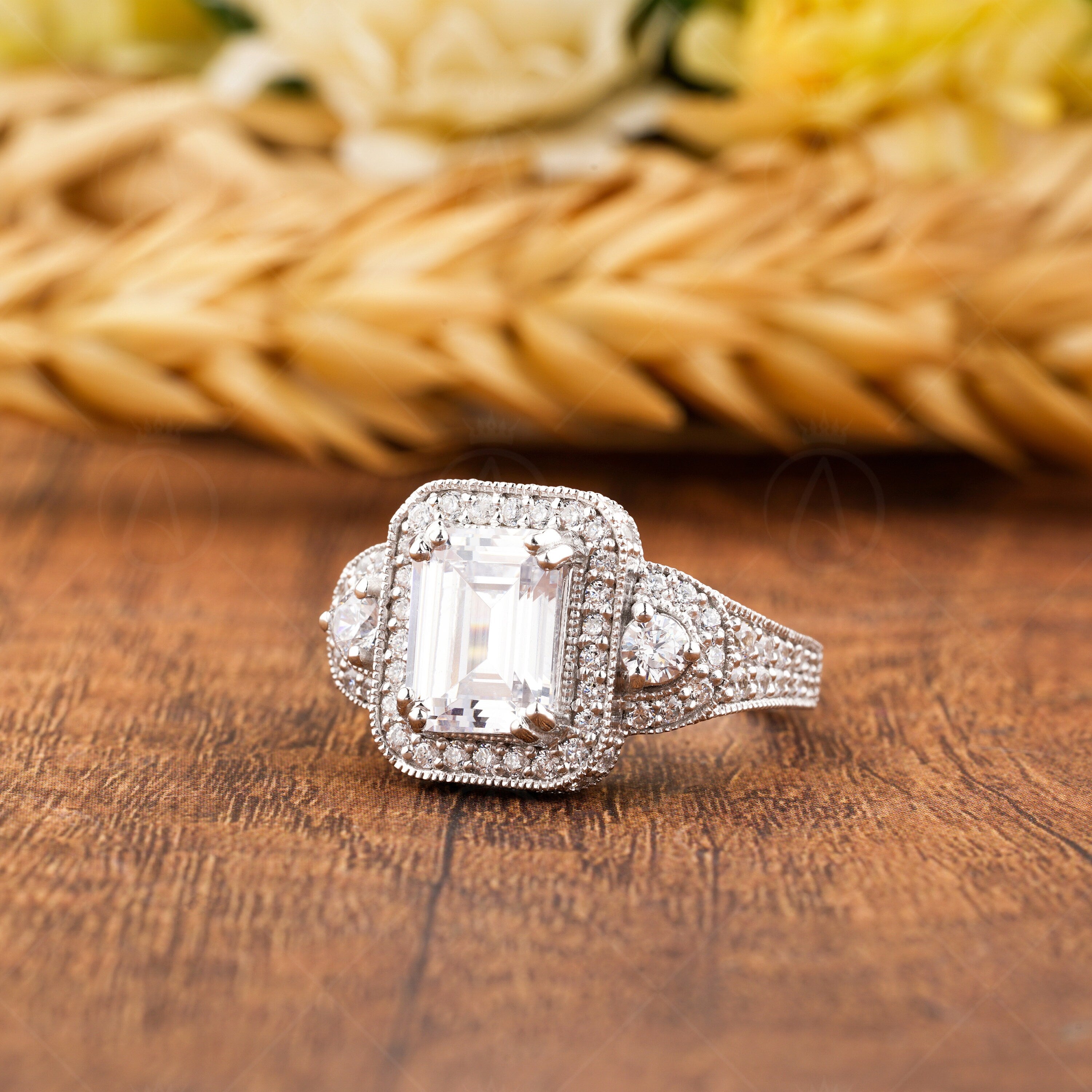 Moissanite Emerald Cut Halo Engagement Ring, Art Deco Milgrain Ring, Unique Promise Rings For Women, Silver &amp; Gold Vintage Inspired Ring