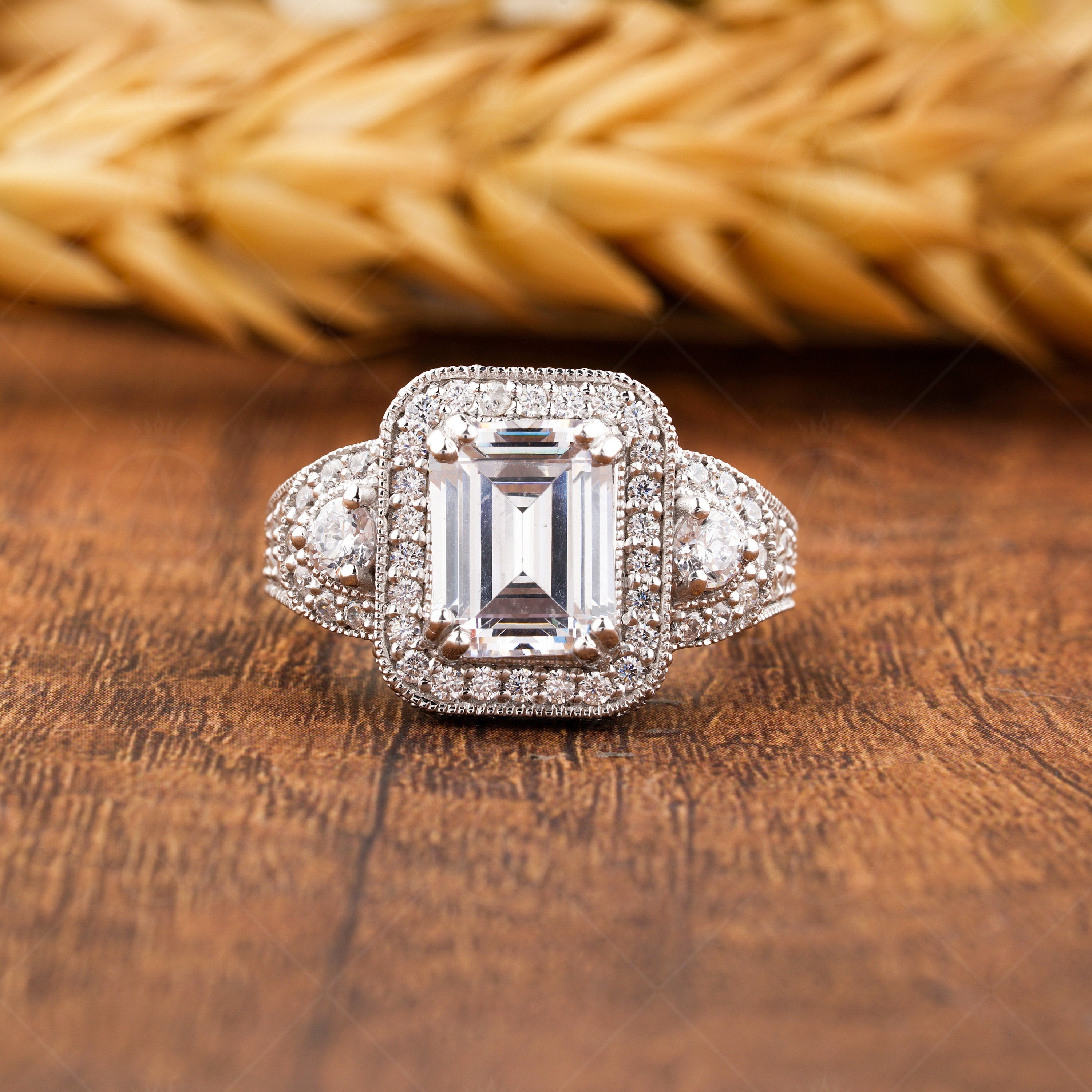 Moissanite Emerald Cut Halo Engagement Ring, Art Deco Milgrain Ring, Unique Promise Rings For Women, Silver &amp; Gold Vintage Inspired Ring
