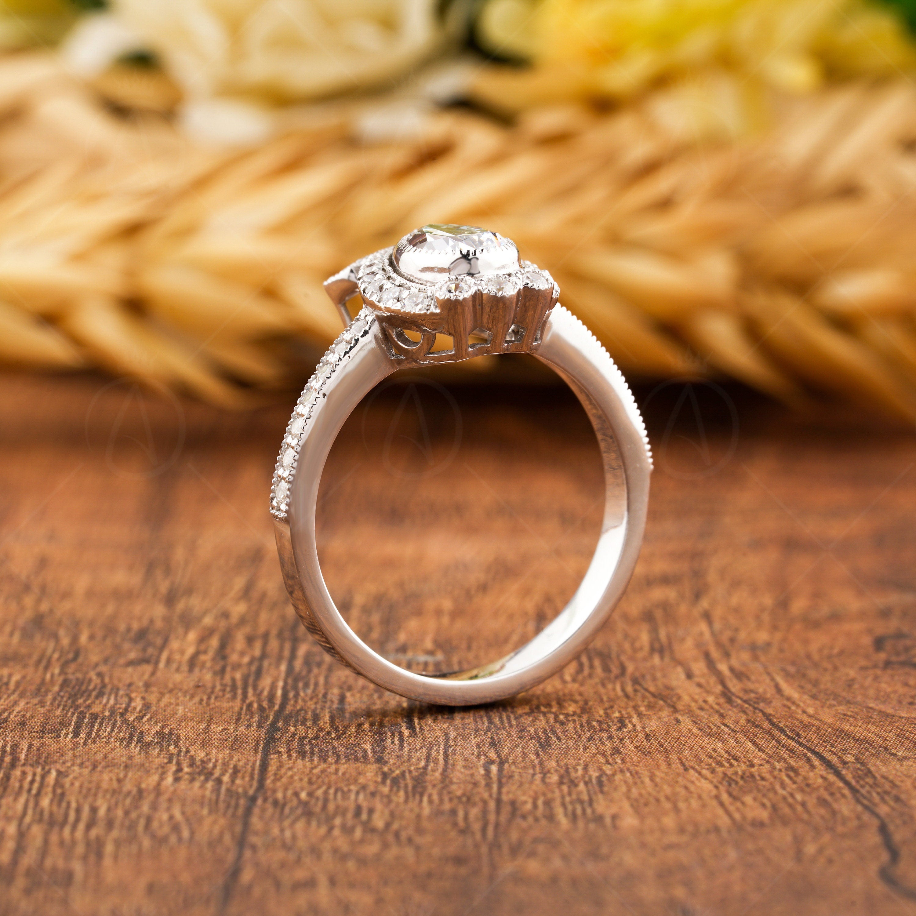 Moissanite Pear Shaped Halo Engagement Ring, Vintage Teardrop Ring, Unique Art Deco Rings For Women, Silver &amp; Gold Antique Milgrain Ring