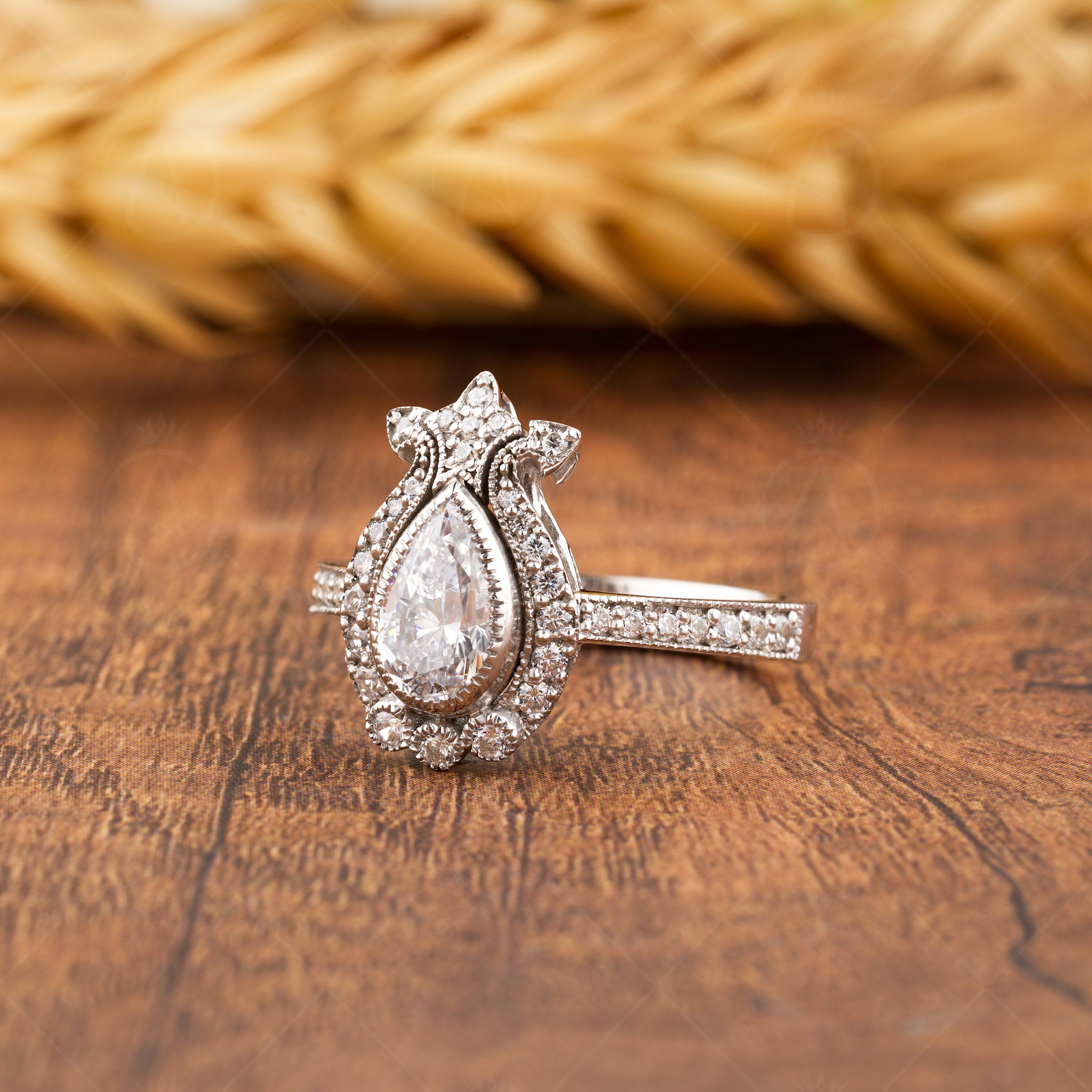 Moissanite Pear Shaped Halo Engagement Ring, Vintage Teardrop Ring, Unique Art Deco Rings For Women, Silver &amp; Gold Antique Milgrain Ring