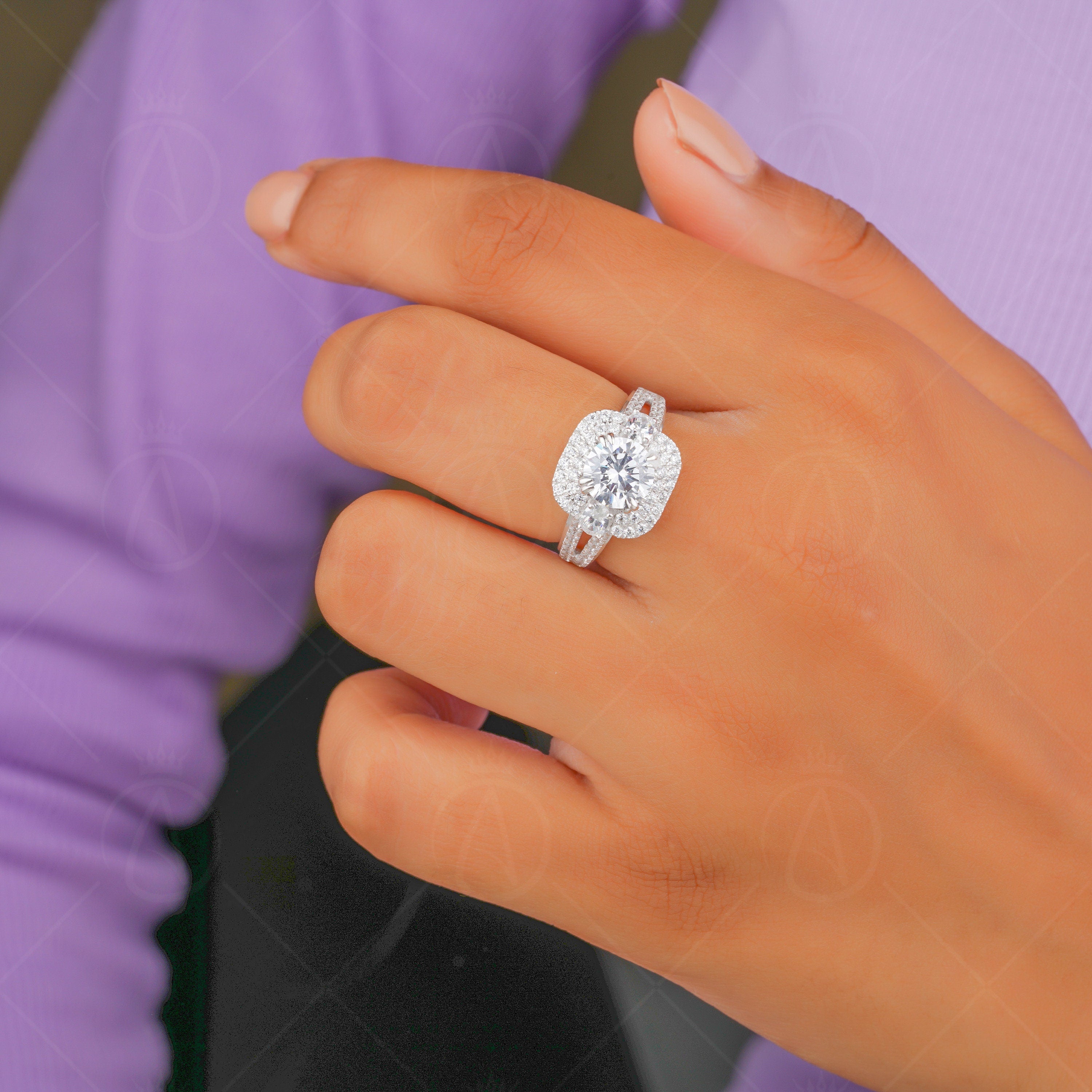 Round Double Halo Engagement Ring For Women, Art Deco Split Shank Ring, Moissanite Double Halo Ring, Silver &amp; Gold Promise Wedding Ring