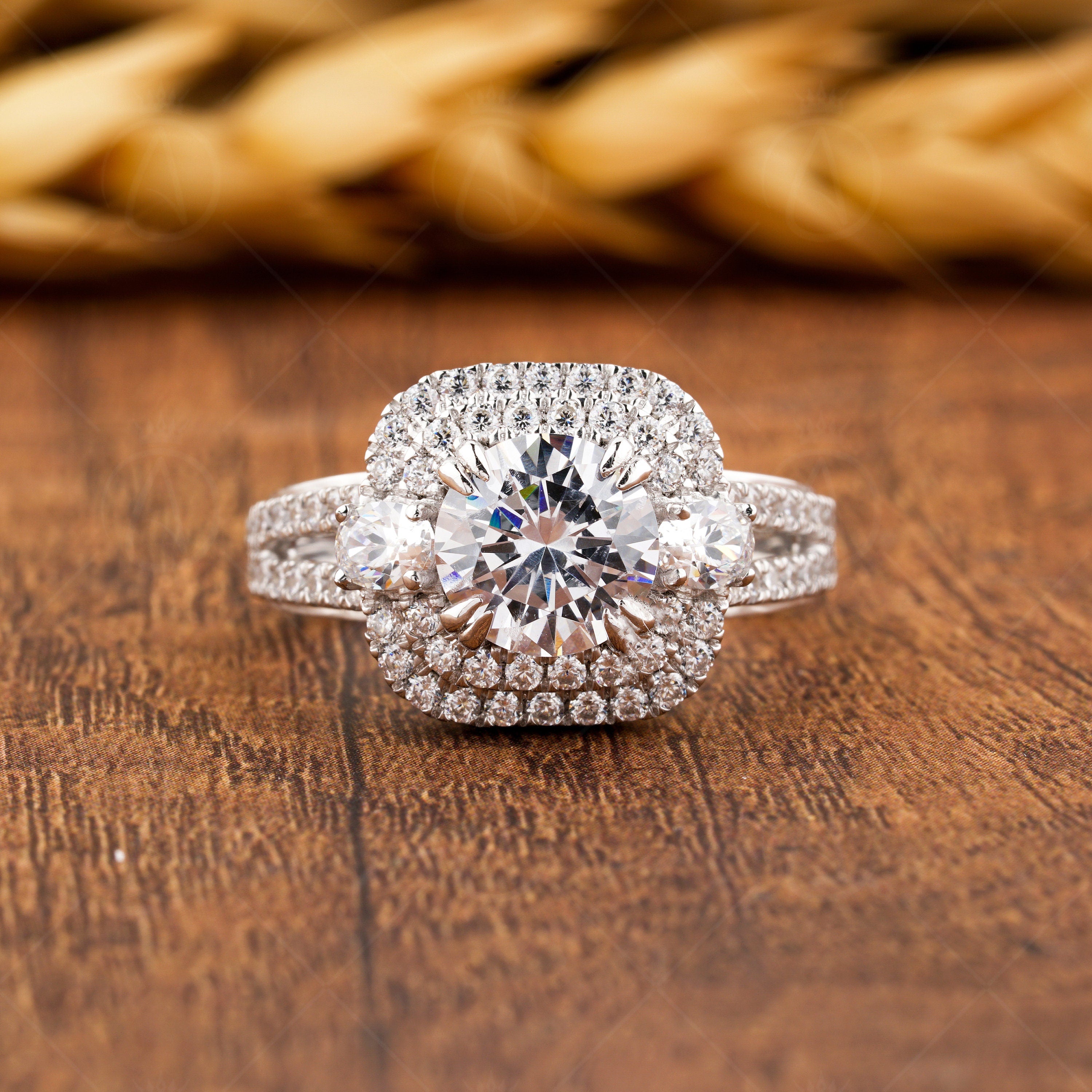 Round Double Halo Engagement Ring For Women, Art Deco Split Shank Ring, Moissanite Double Halo Ring, Silver &amp; Gold Promise Wedding Ring