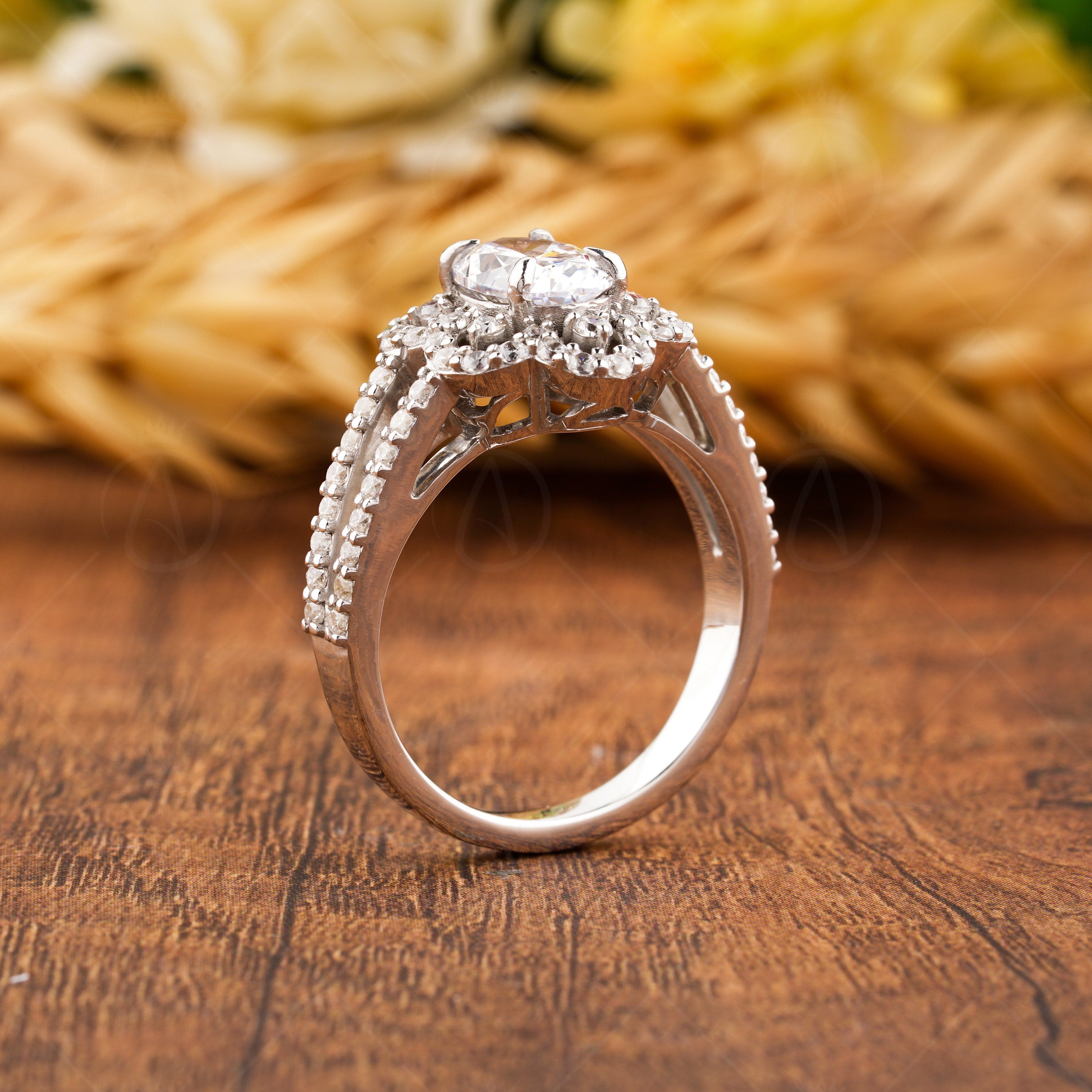 14K Gold Moissanite Art Deco Ring, Split Shank Oval Engagement Ring, Unique Rings For Women, Promise Ring For Her, Vintage Inspired Ring