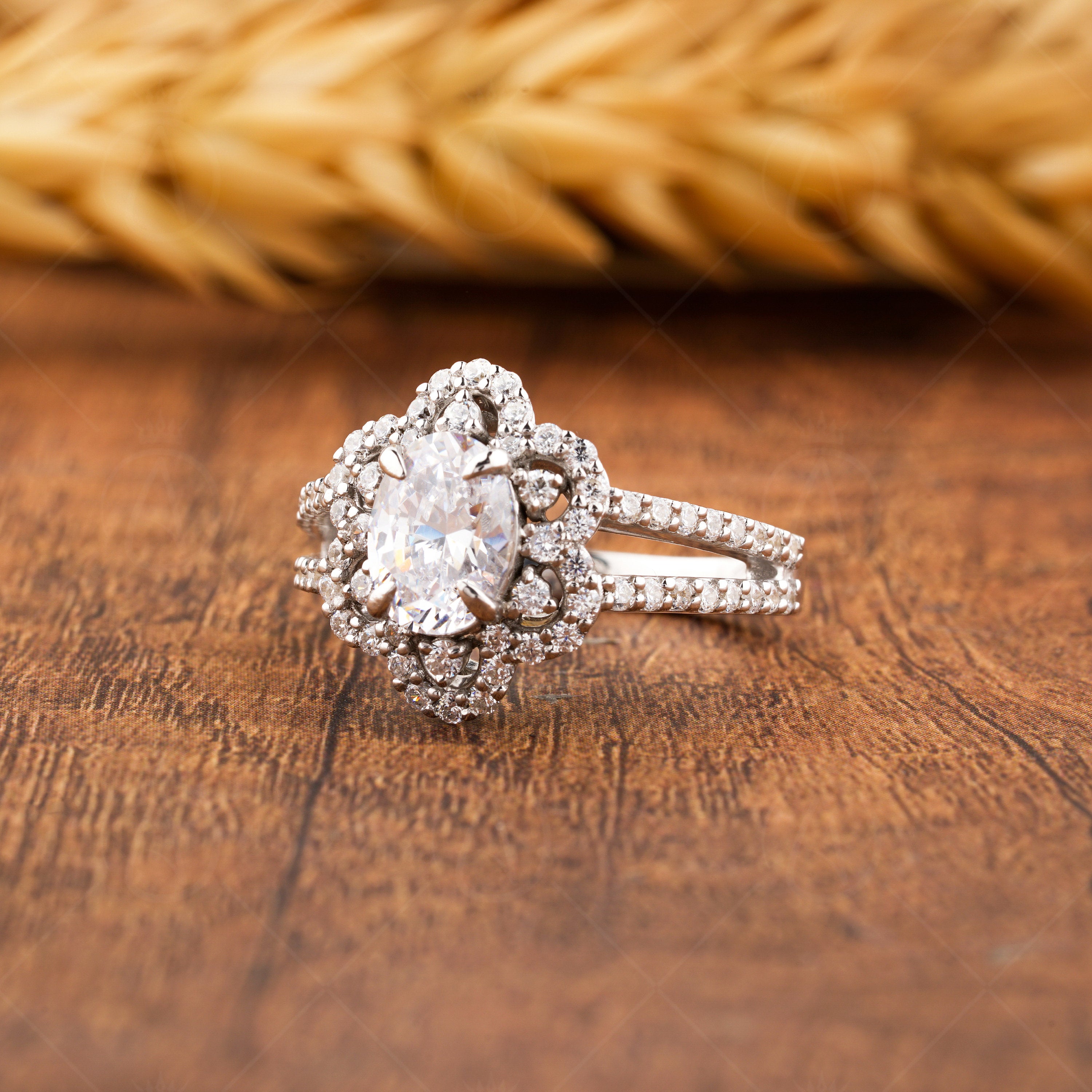 14K Gold Moissanite Art Deco Ring, Split Shank Oval Engagement Ring, Unique Rings For Women, Promise Ring For Her, Vintage Inspired Ring