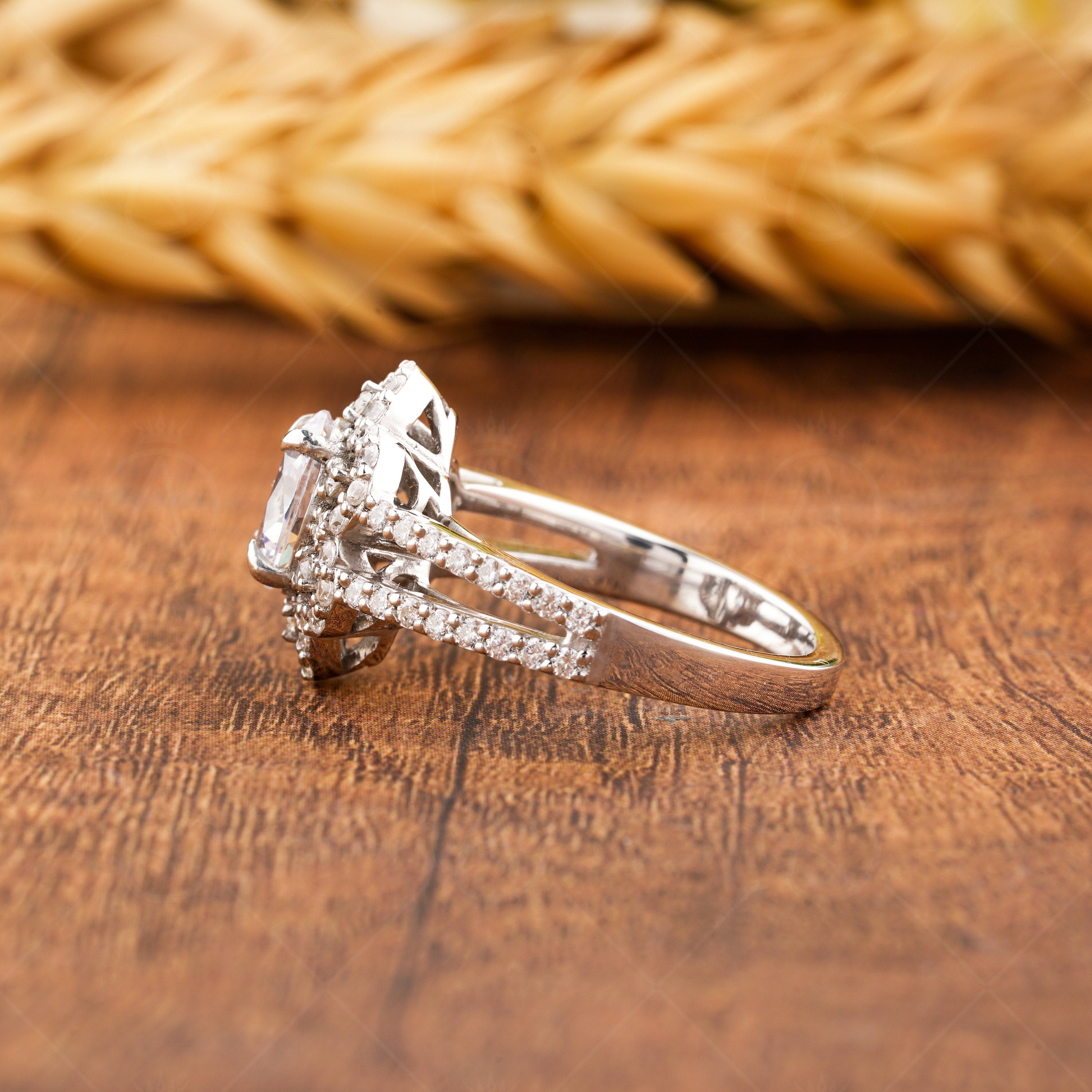 14K Gold Moissanite Art Deco Ring, Split Shank Oval Engagement Ring, Unique Rings For Women, Promise Ring For Her, Vintage Inspired Ring