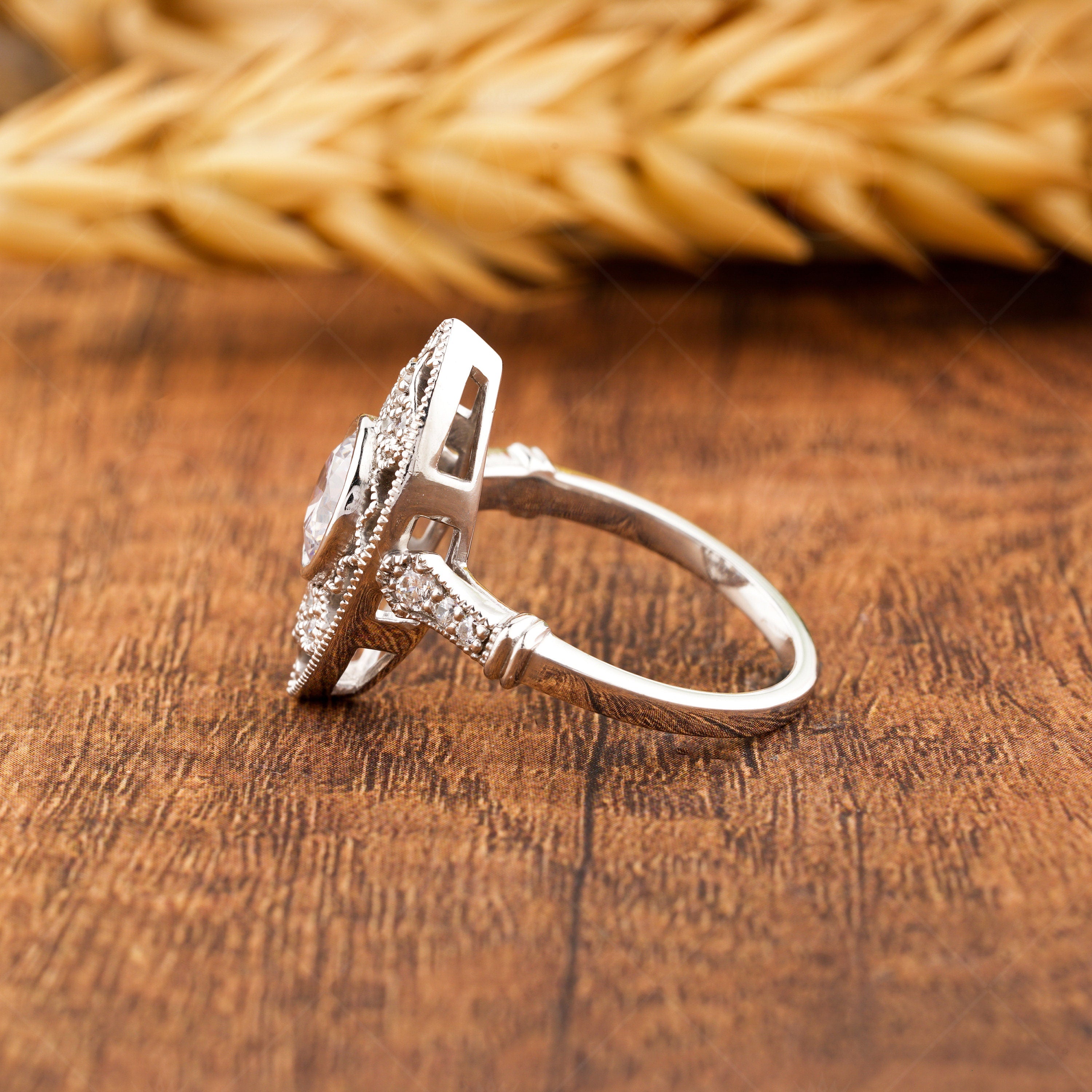 Moissanite Edwardian Rings For Women, Elongated Art Deco Engagement Ring, Unique Milgrain Estate Jewelry Ring, Bezel Set Round Ring