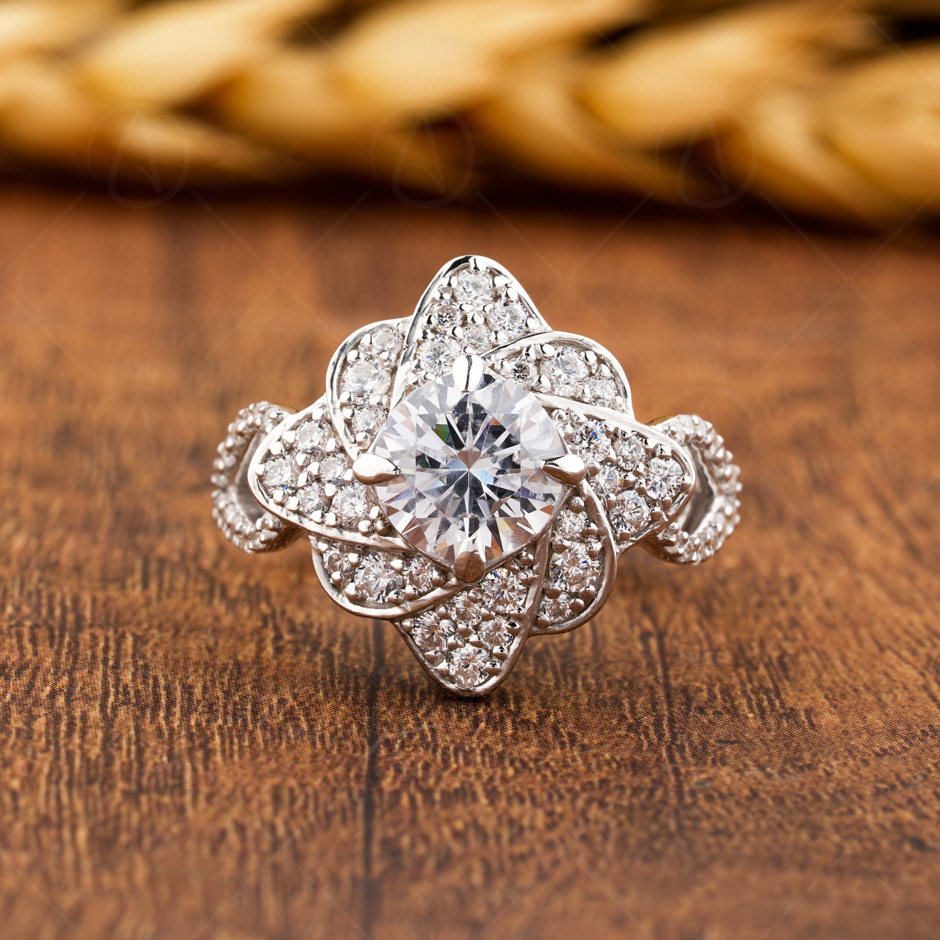 Flower Nature Inspired Ring For Women, 14K Gold Art Deco Floral Ring, Unique Cushion Cut Moissanite Engagement Ring, Promise Ring For Her