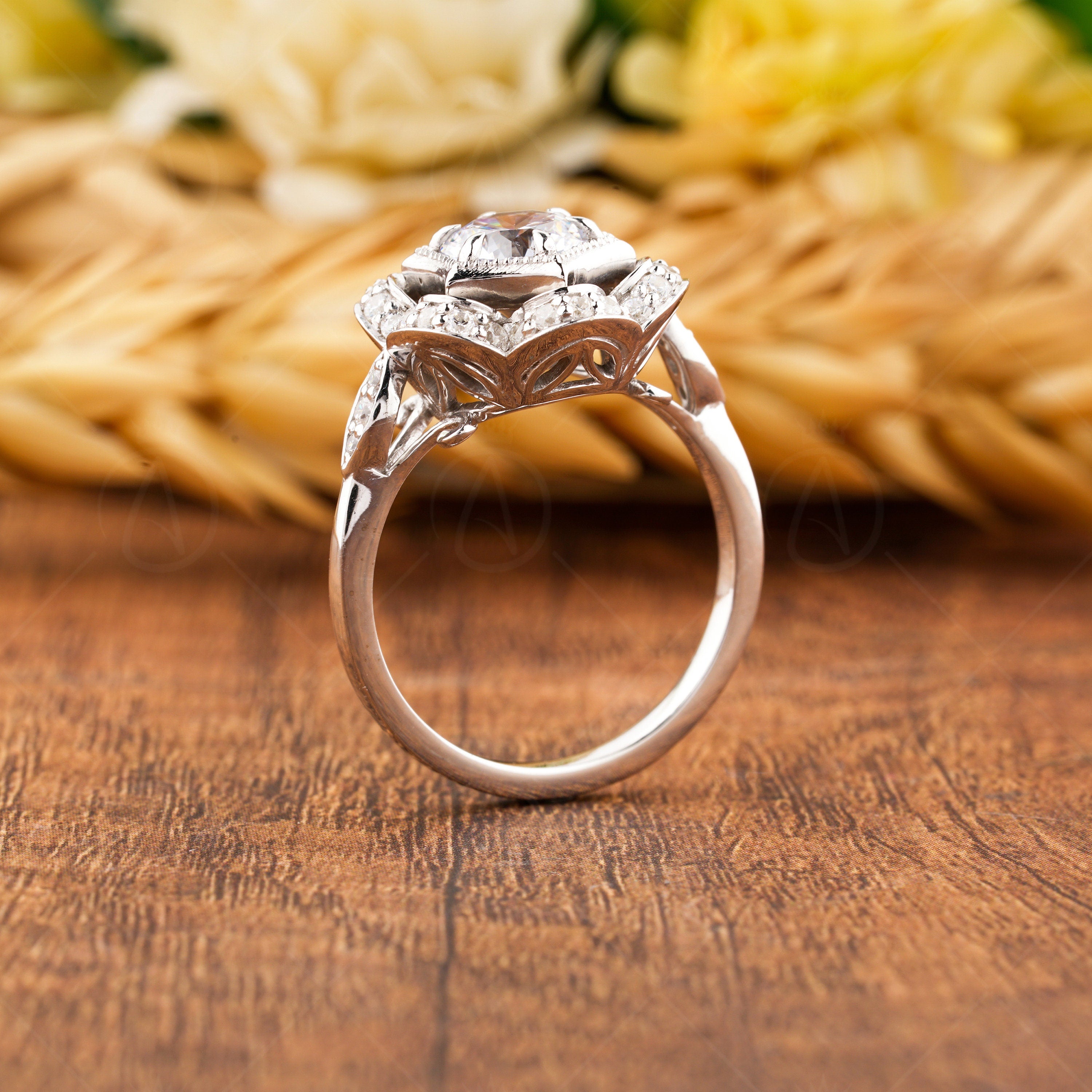 Nature Inspired Engagement Ring, Moissanite Flower Ring, Round Hexagon Shape Ring, Floral Nature Rings For Women, Art Deco Promise Ring