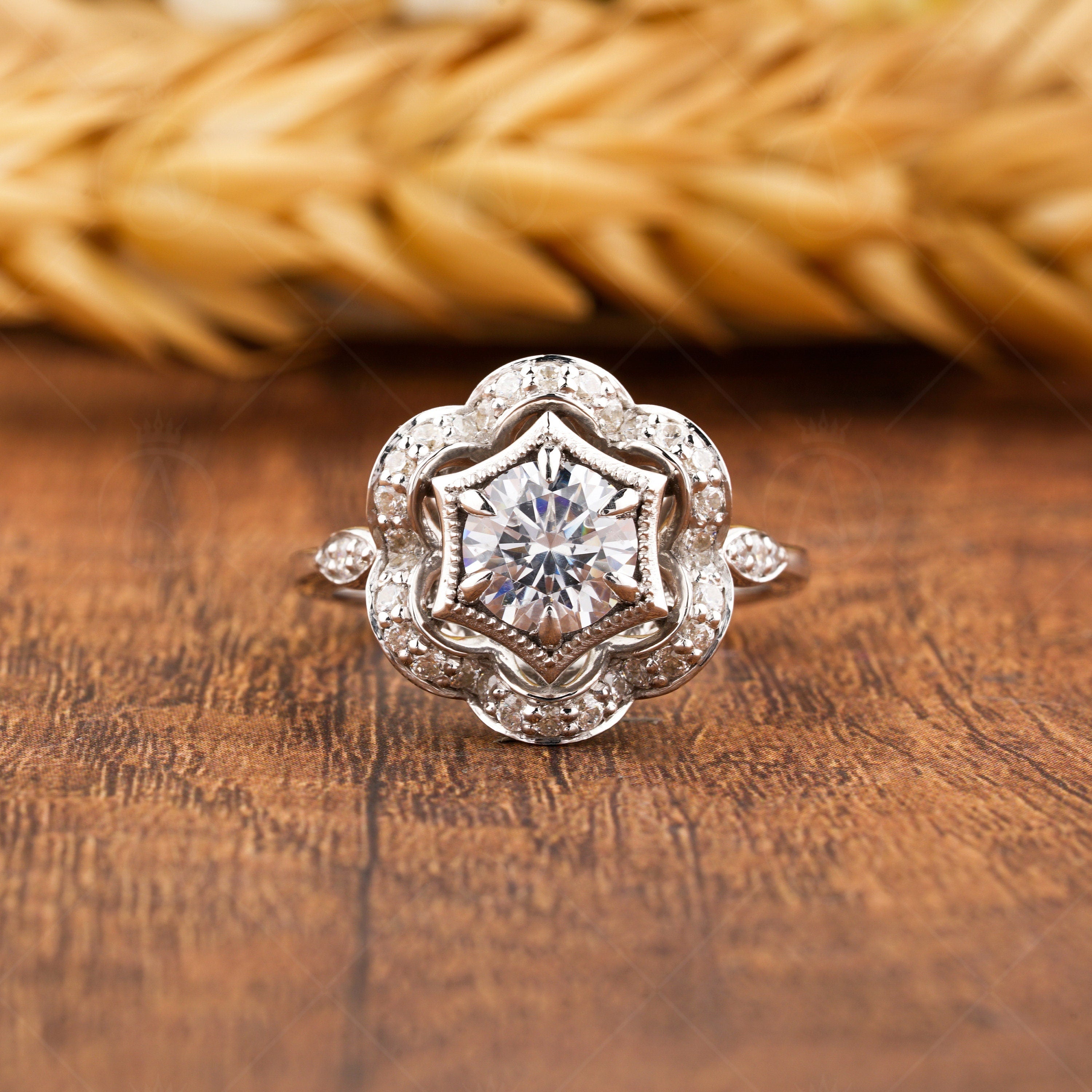 Nature Inspired Engagement Ring, Moissanite Flower Ring, Round Hexagon Shape Ring, Floral Nature Rings For Women, Art Deco Promise Ring