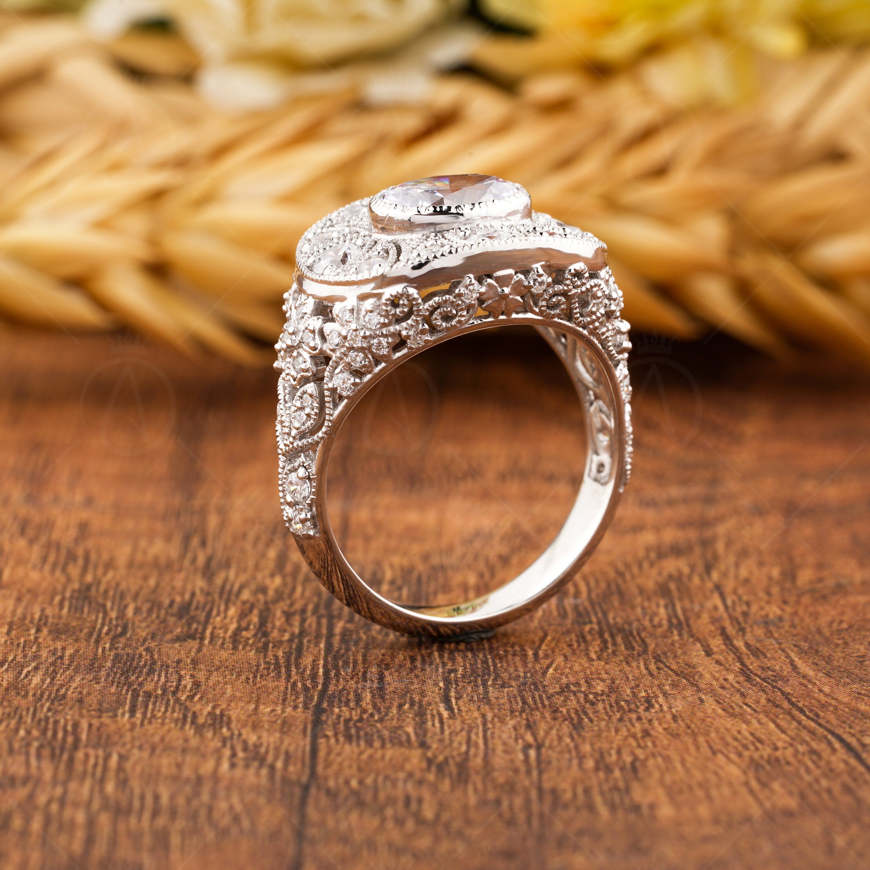Antique Edwardian Filigree Ring, Moissanite Art Deco Oval Engagement Ring, Leaf Flower Milgrain Ring For Women, Unique Estate Jewelry