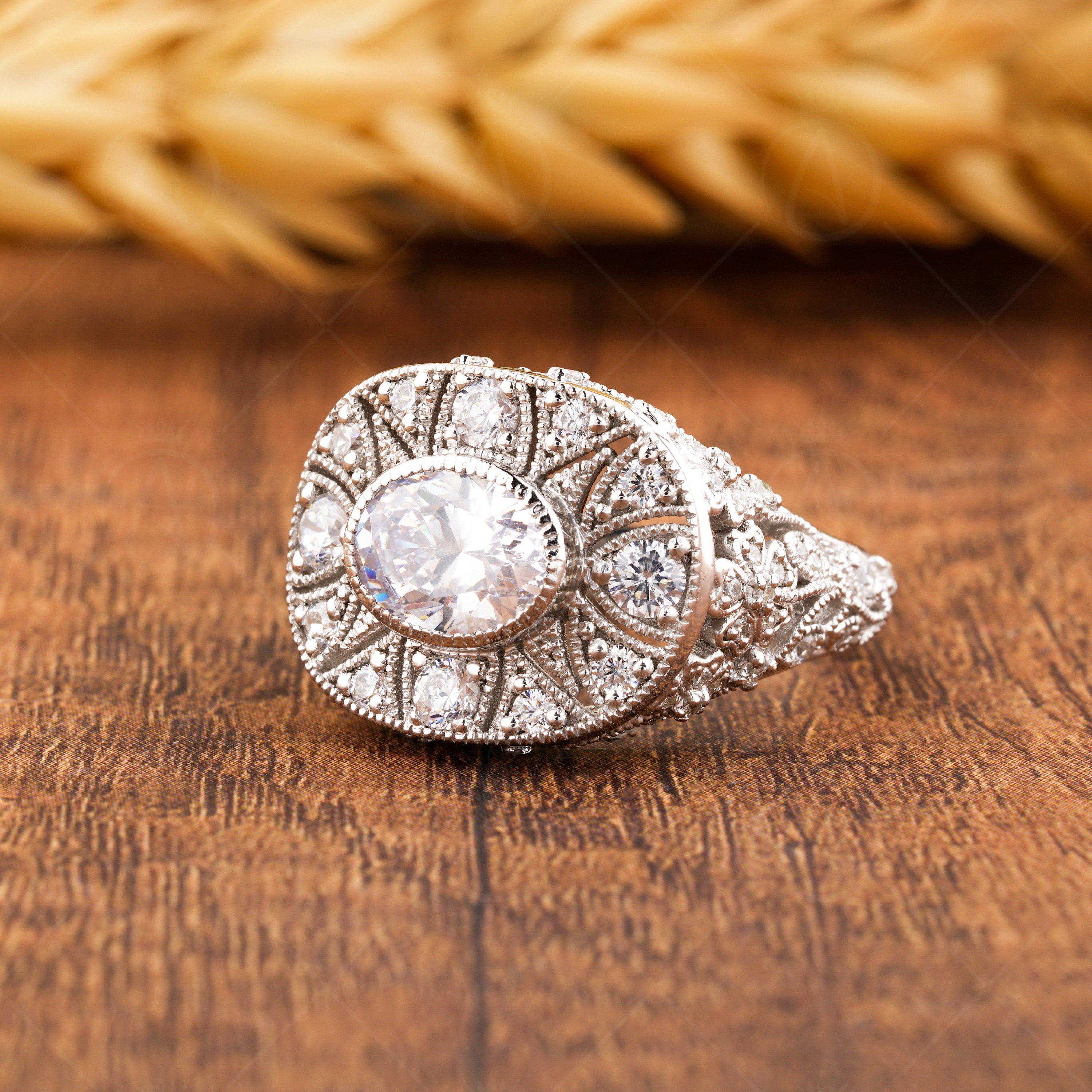 Antique Edwardian Filigree Ring, Moissanite Art Deco Oval Engagement Ring, Leaf Flower Milgrain Ring For Women, Unique Estate Jewelry