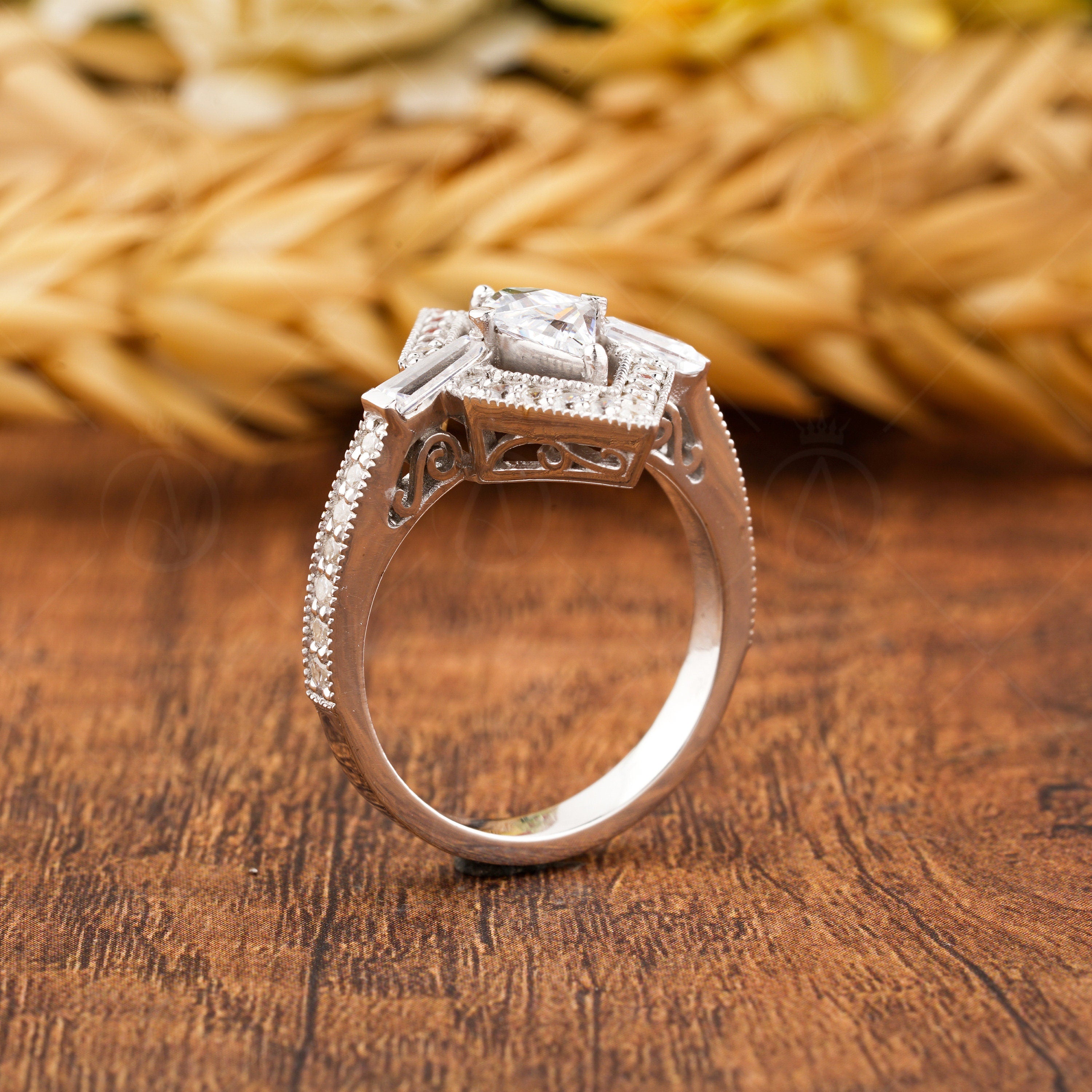 Moissanite Triangle Art Deco Engagement Ring, Unique Hexagon Shape Geometric Ring, Milgrain Ring For Women, Two Triangle Halo Ring