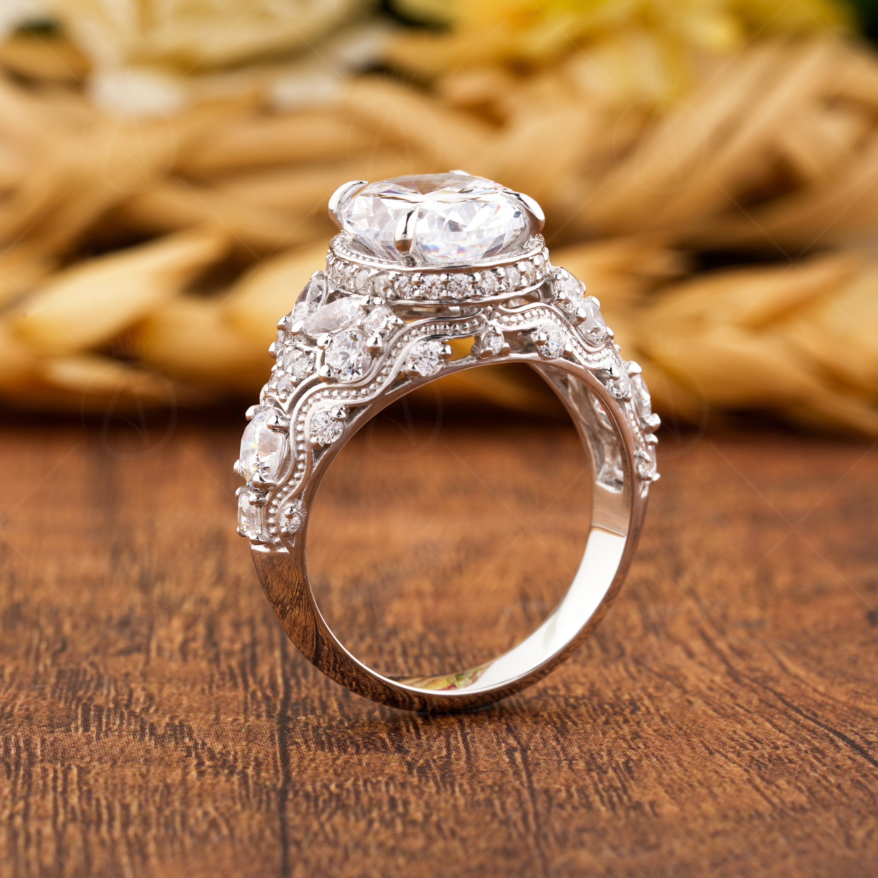Art Deco Oval Engagement Ring, Moissanite Unique Rings For Women, Vintage Style Wedding Ring, Antique Filigree Ring, Carved Ring