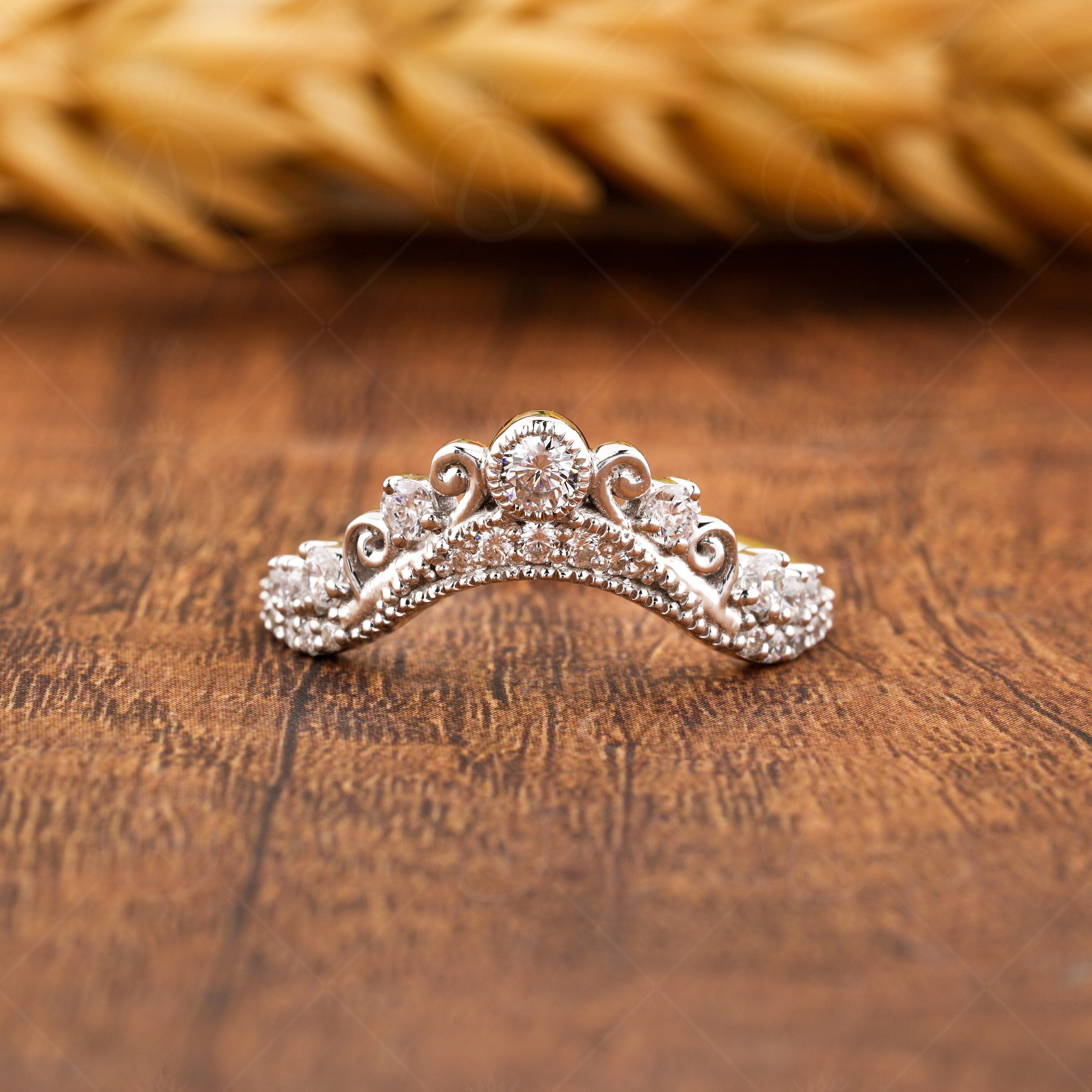 Vintage Curved Wedding Bands Women, Chevron Moissanite Band, Crown Style Stackable Rings, Unique Bridal Matching Band, Art Deco Curve Band