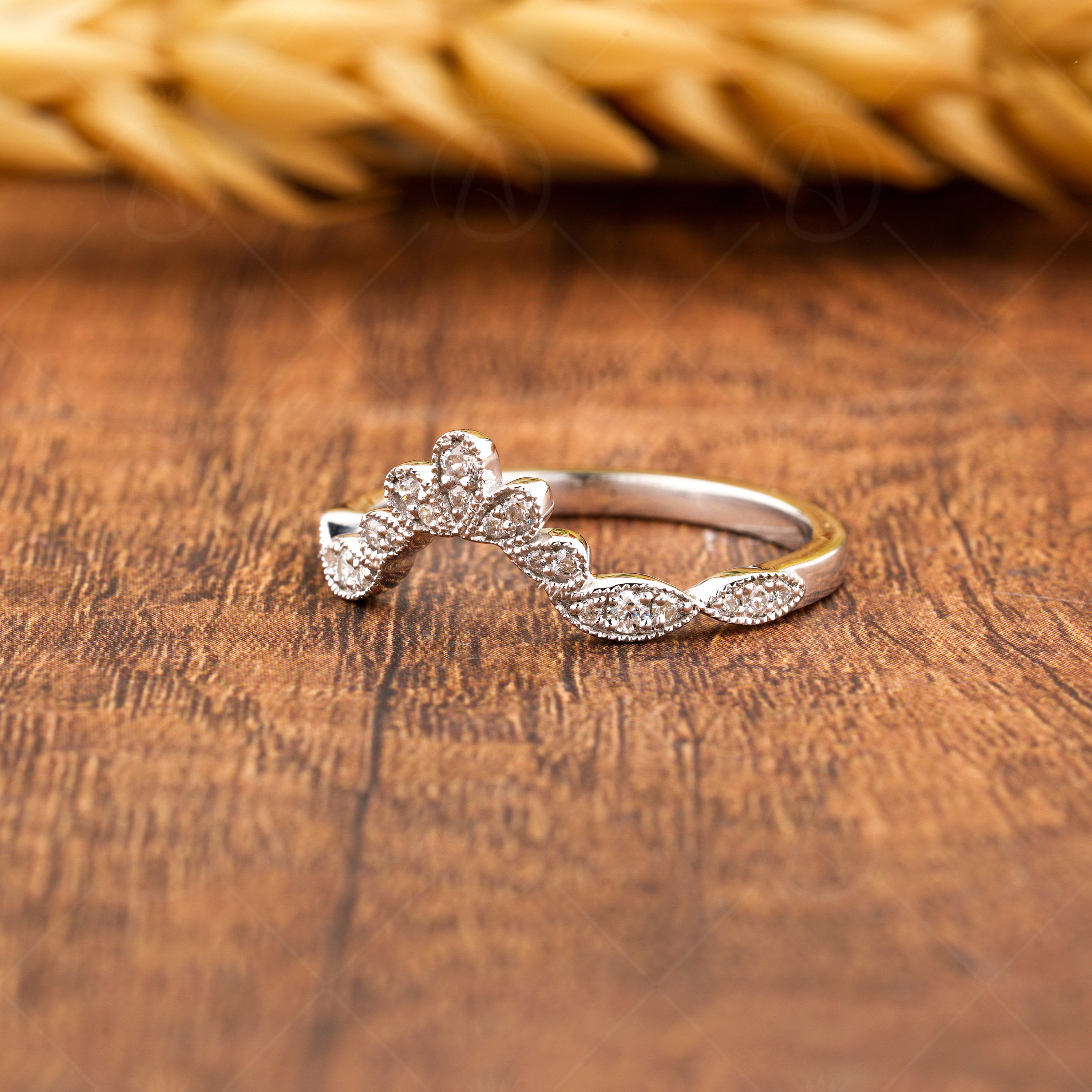 Moissanite Wishbone Wedding Bands Women, Unique Curved Stackable Ring, Art Deco Chevron Anniversary Band, Vintage Style Milgrain Band