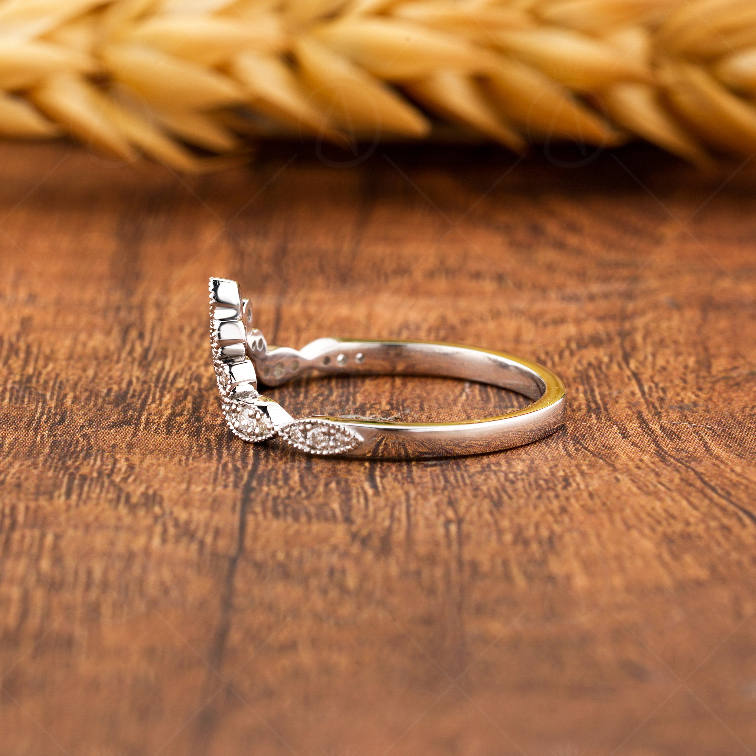 Moissanite Wishbone Wedding Bands Women, Unique Curved Stackable Ring, Art Deco Chevron Anniversary Band, Vintage Style Milgrain Band