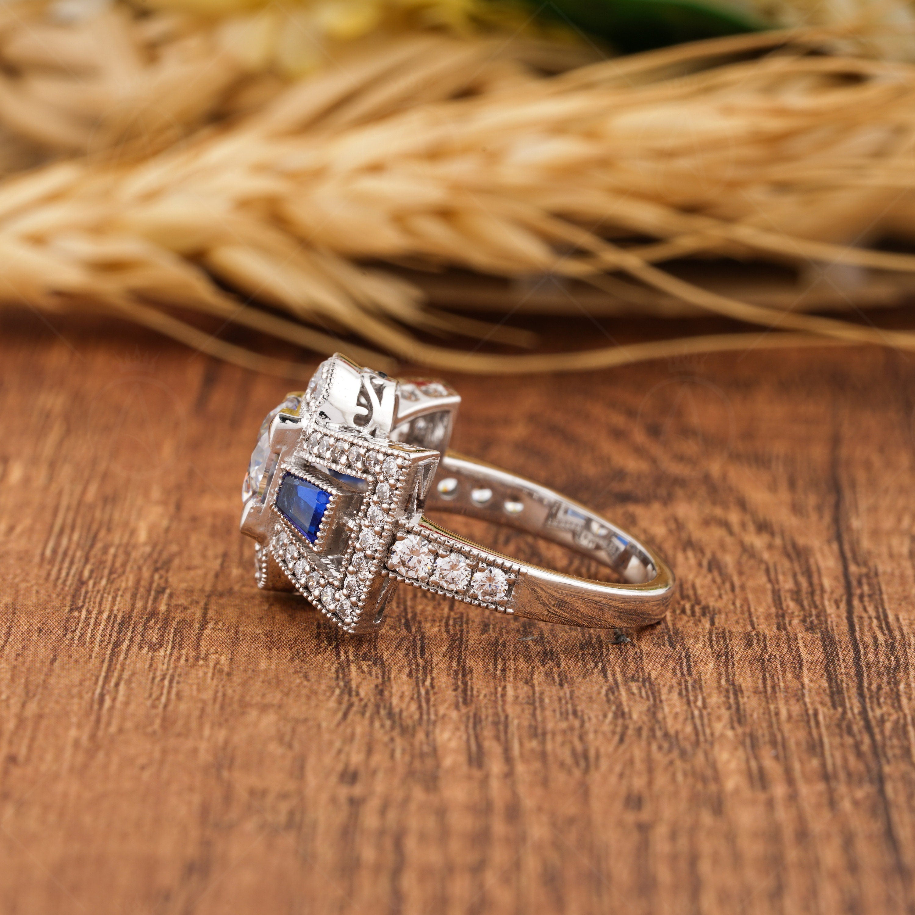 Unique Art Deco Moissanite Engagement Ring, Vintage Milgrain Ring For Women, Cocktail Estate Jewelry Rings, Victorian Style Ladies Ring, Retro Vintage Style Ring, Anniversary Rings