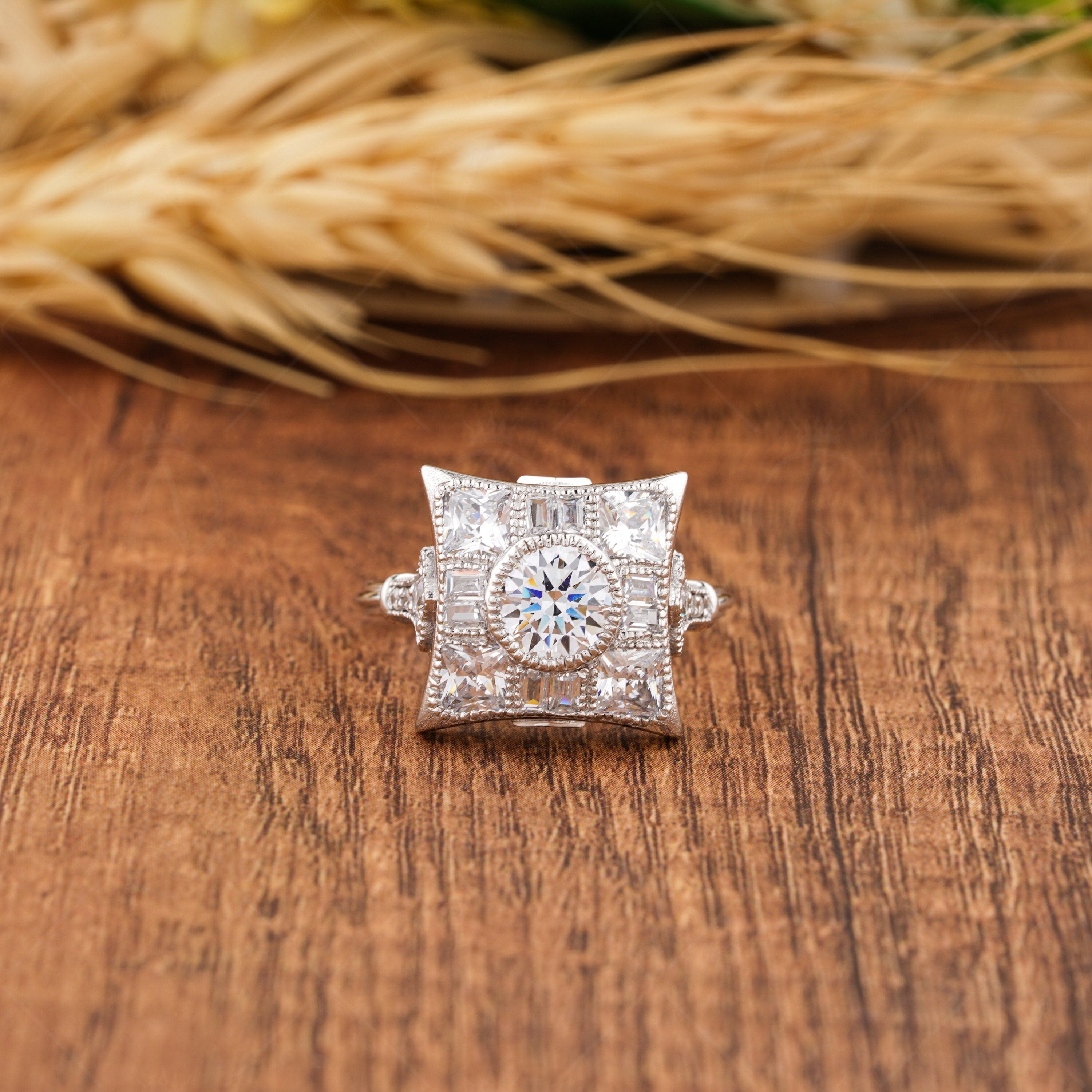 Unique Art Deco Moissanite Engagement Ring, Vintage Inspired Milgrain Ring, Square Shape Antique Rings For Women, Promise Anniversary Rings, Bezel Set Round Halo Ring