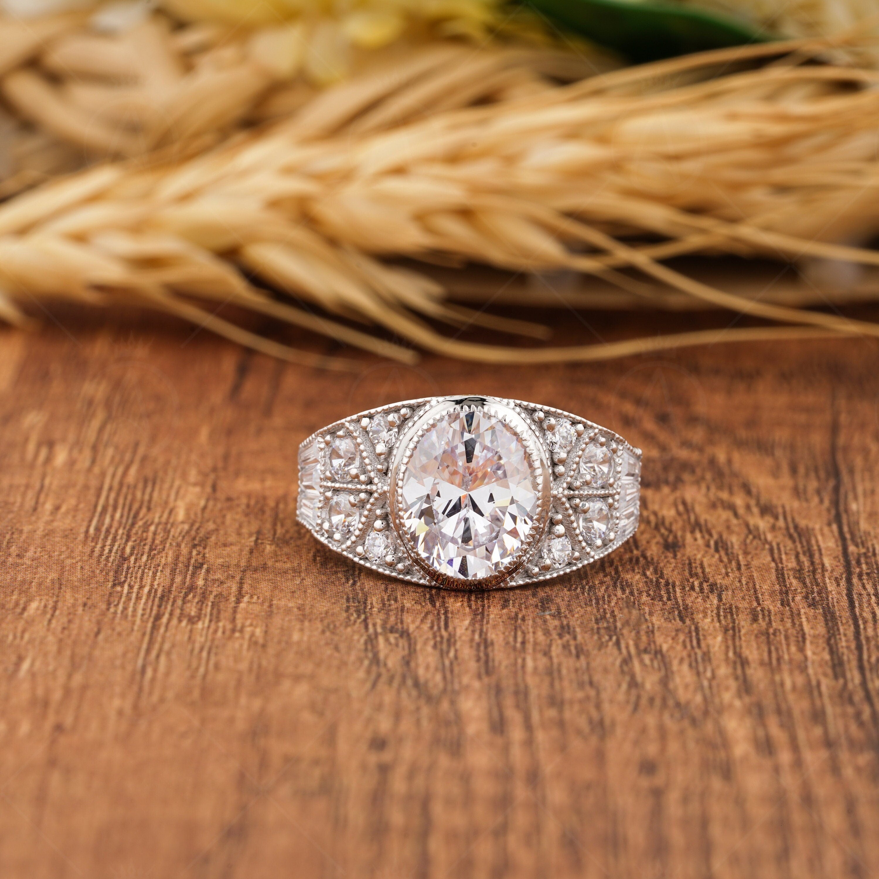 Vintage Milgrain Oval&nbsp; Engagement Ring, Art Deco Moissanite Rings For Women, Unique Bezel Set Oval Wedding Ring, Silver &amp; Gold Antique Ring, Antique Style Ring, Anniversary Rings