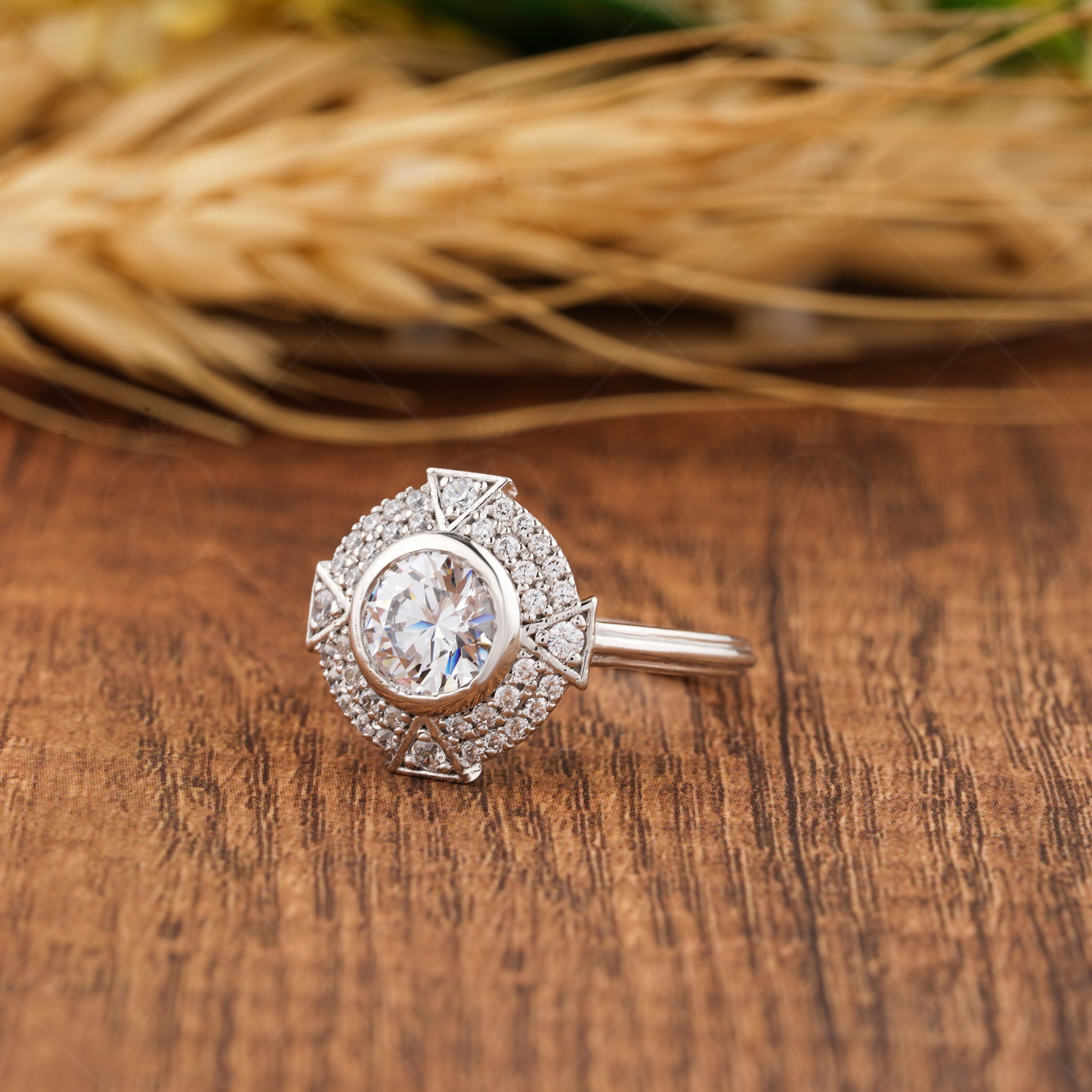 Moissanite Double Halo Engagement Ring, Round Pave Stones Ring, Art Deco Triangle Shape Ring, Unique Moissanite Anniversary Rings For Women, Round Bezel Set Ring, Micro Pave Side Stones Ring