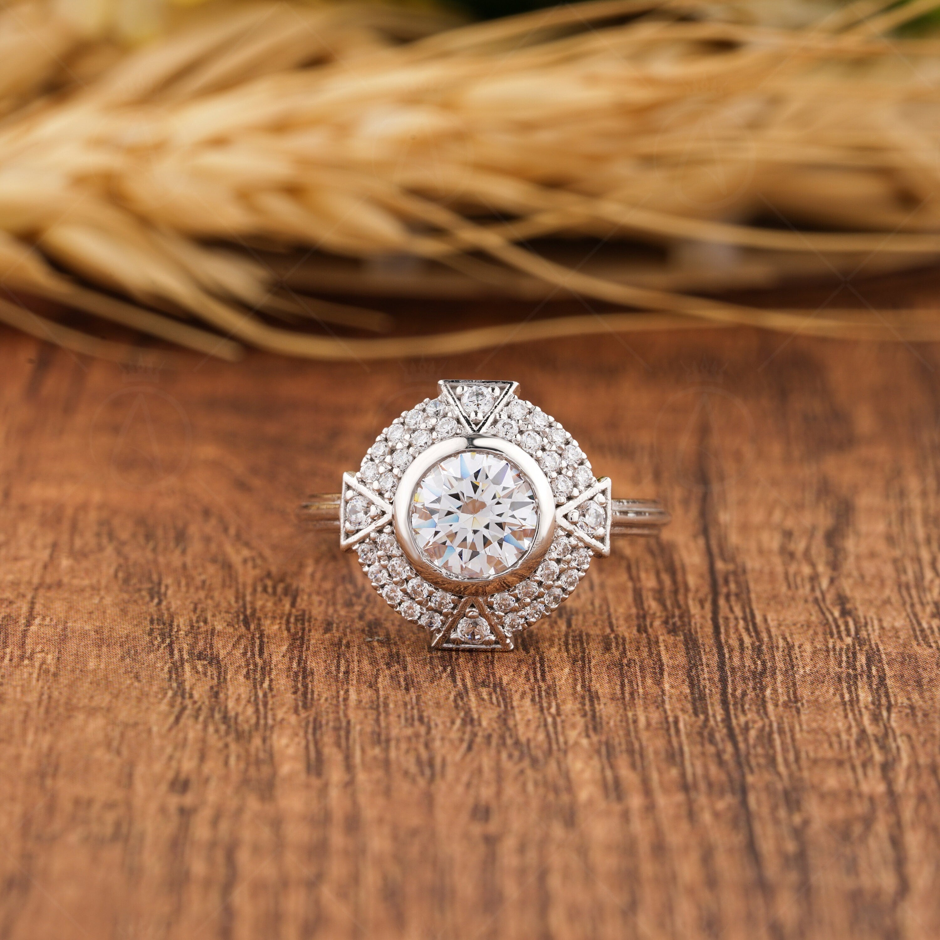 Moissanite Double Halo Engagement Ring, Round Pave Stones Ring, Art Deco Triangle Shape Ring, Unique Moissanite Anniversary Rings For Women, Round Bezel Set Ring, Micro Pave Side Stones Ring