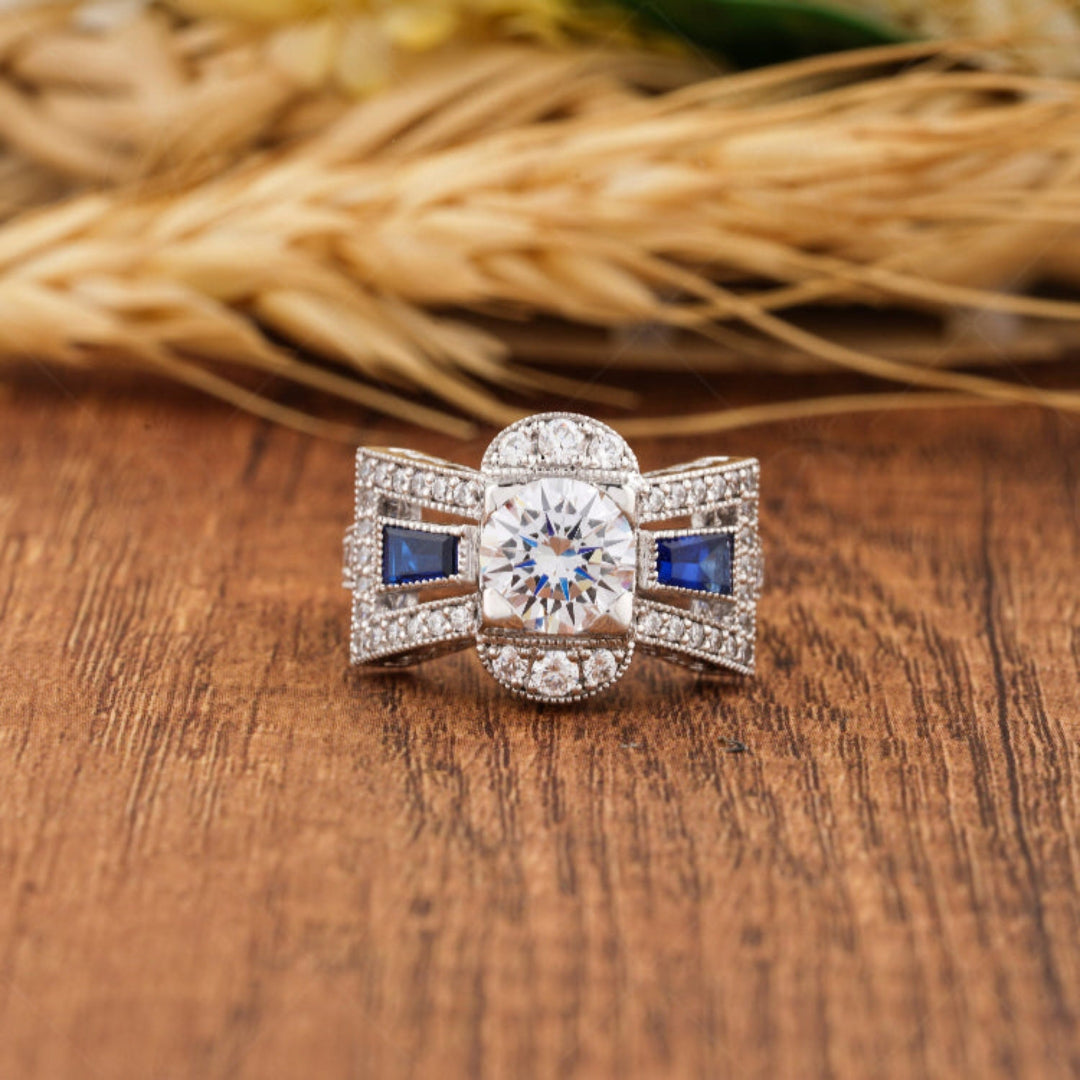 Unique Art Deco Moissanite Engagement Ring, Vintage Milgrain Ring For Women, Cocktail Estate Jewelry Rings, Victorian Style Ladies Ring, Retro Vintage Style Ring, Anniversary Rings