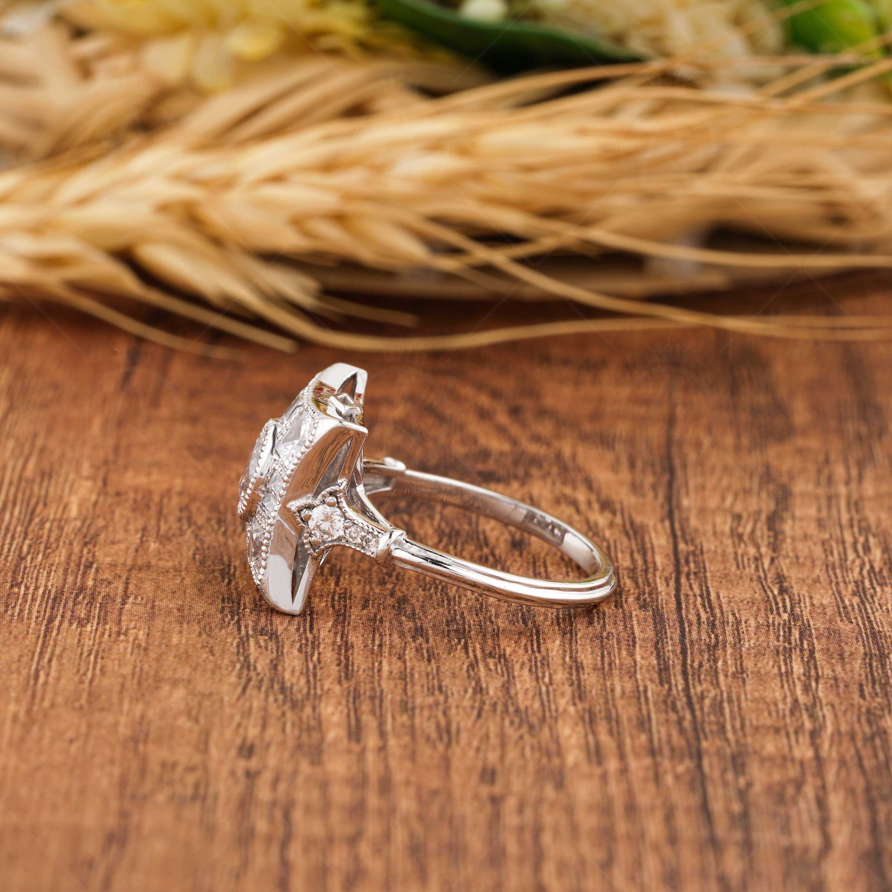 Unique Art Deco Moissanite Engagement Ring, Vintage Inspired Milgrain Ring, Square Shape Antique Rings For Women, Promise Anniversary Rings, Bezel Set Round Halo Ring