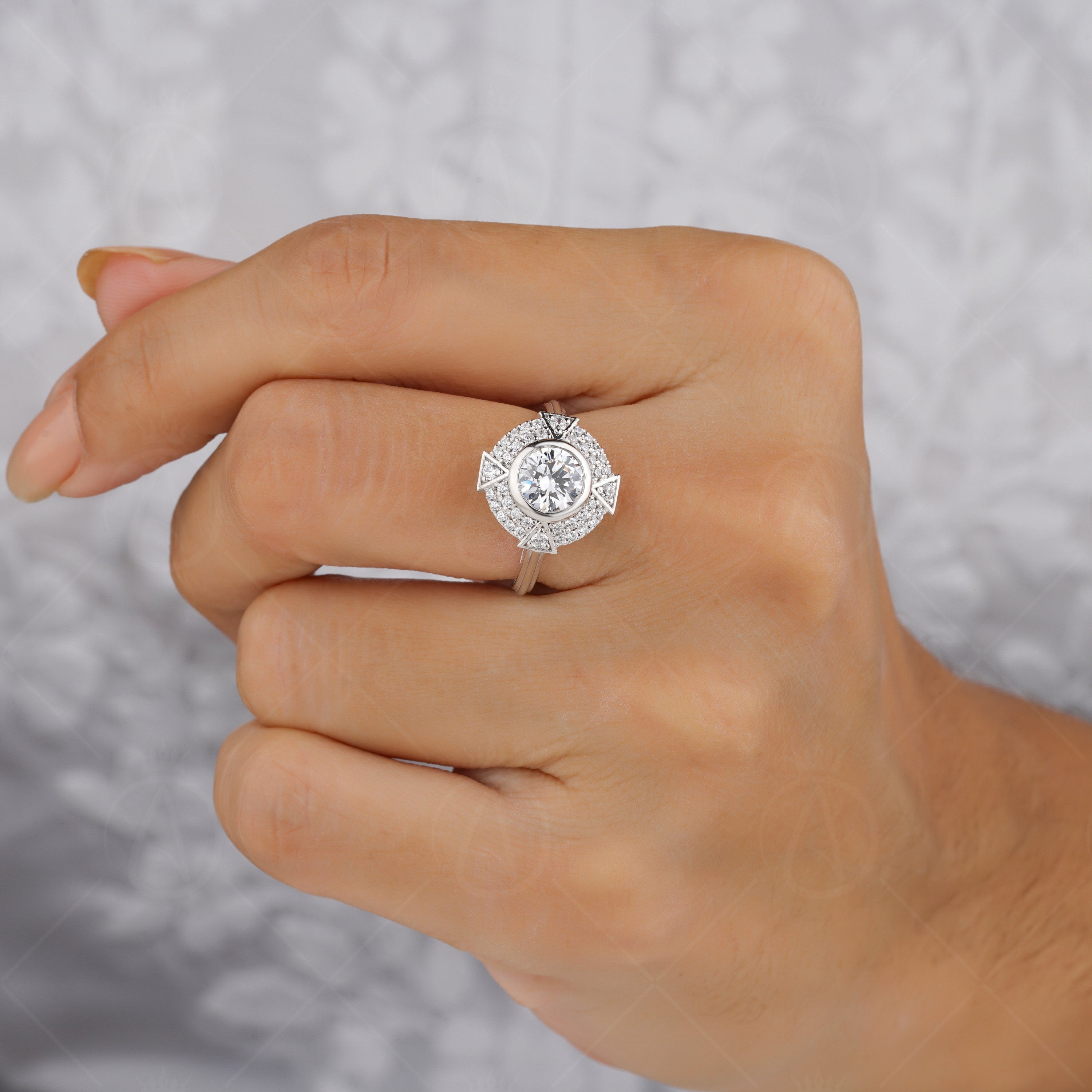 Moissanite Double Halo Engagement Ring, Round Pave Stones Ring, Art Deco Triangle Shape Ring, Unique Moissanite Anniversary Rings For Women, Round Bezel Set Ring, Micro Pave Side Stones Ring